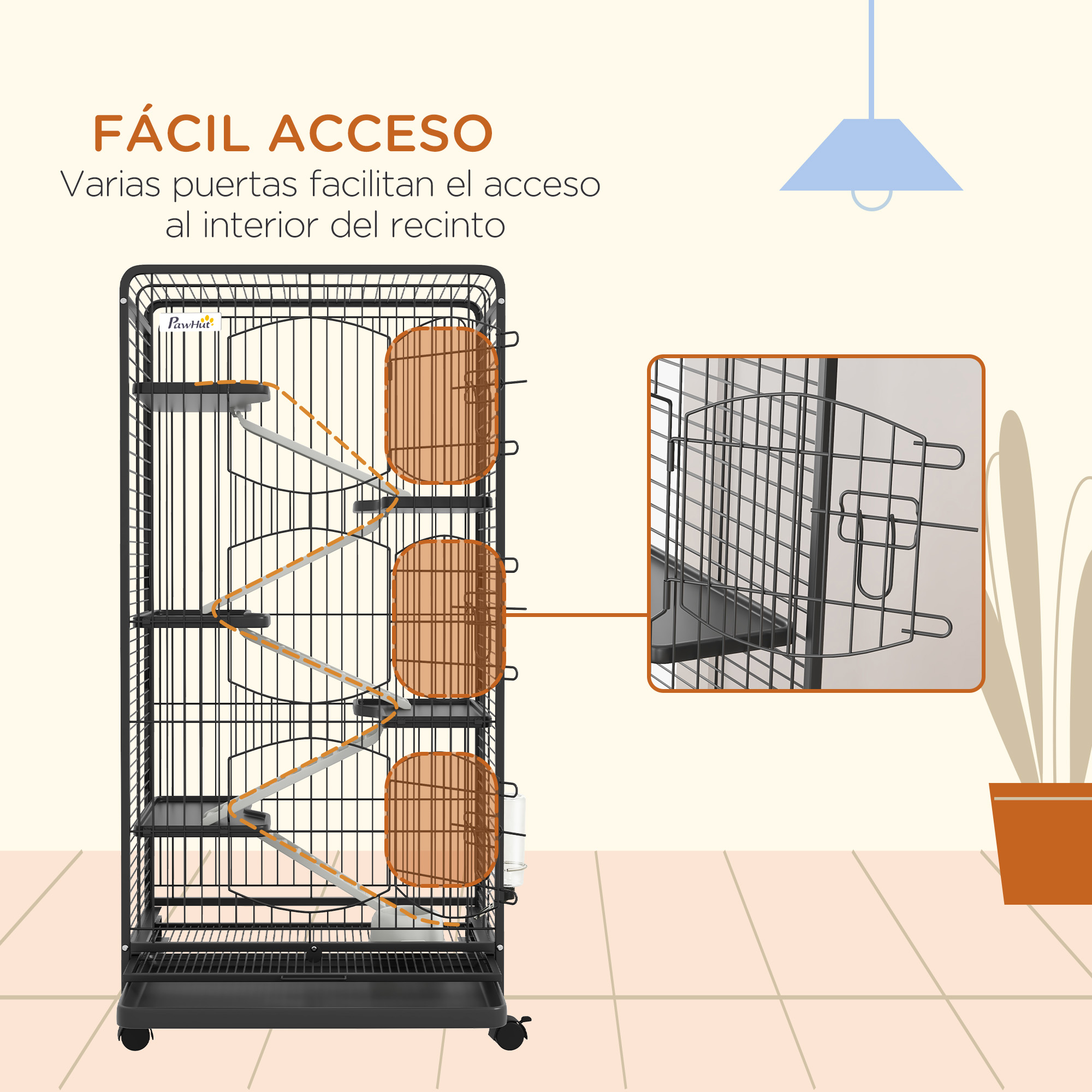 Una jaula para gatos con múltiples niveles y puertas abiertas para facilitar el acceso.