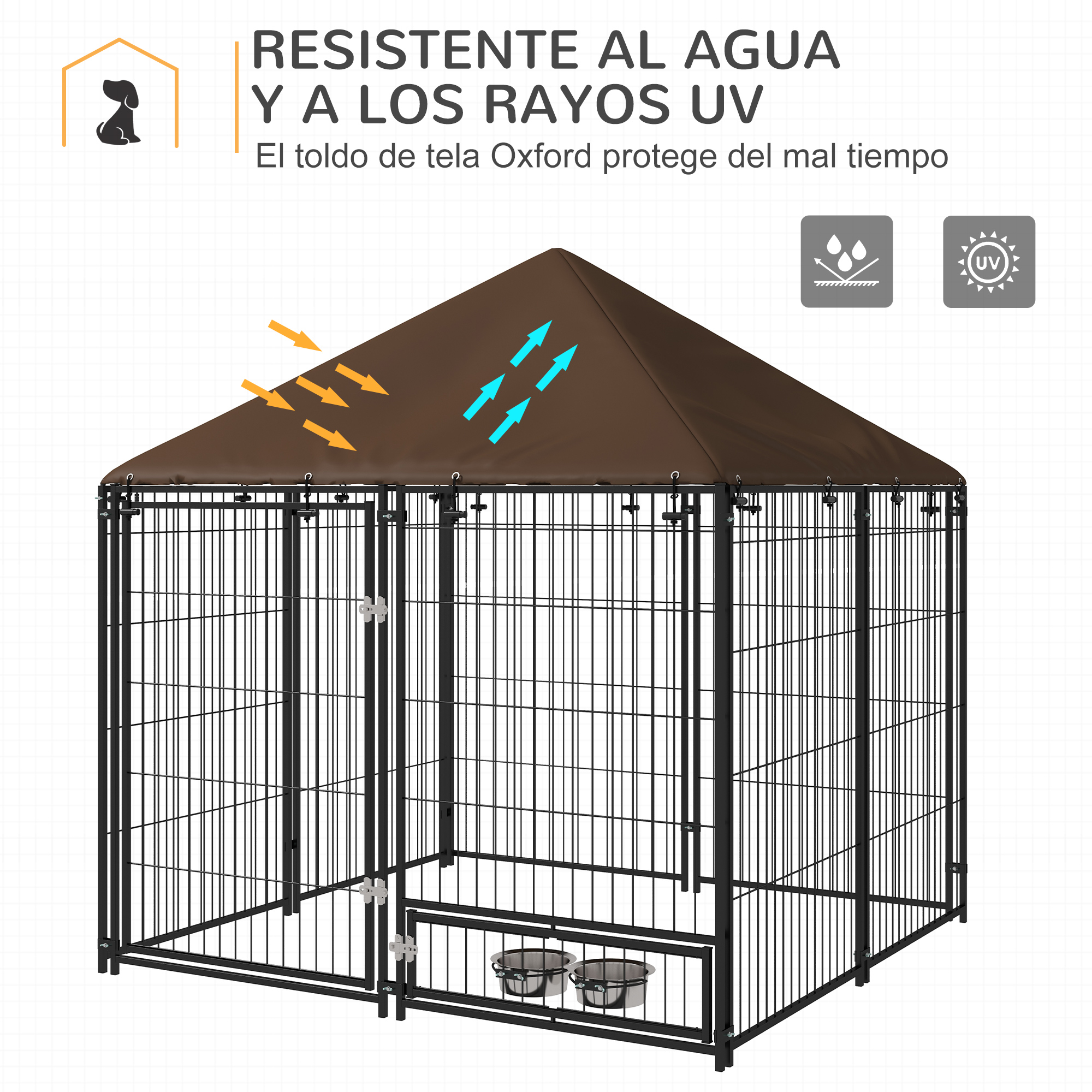 Jaula negra para perros con techo marrón, barras metálicas y dos cuencos. El fondo es una superficie blanca.
