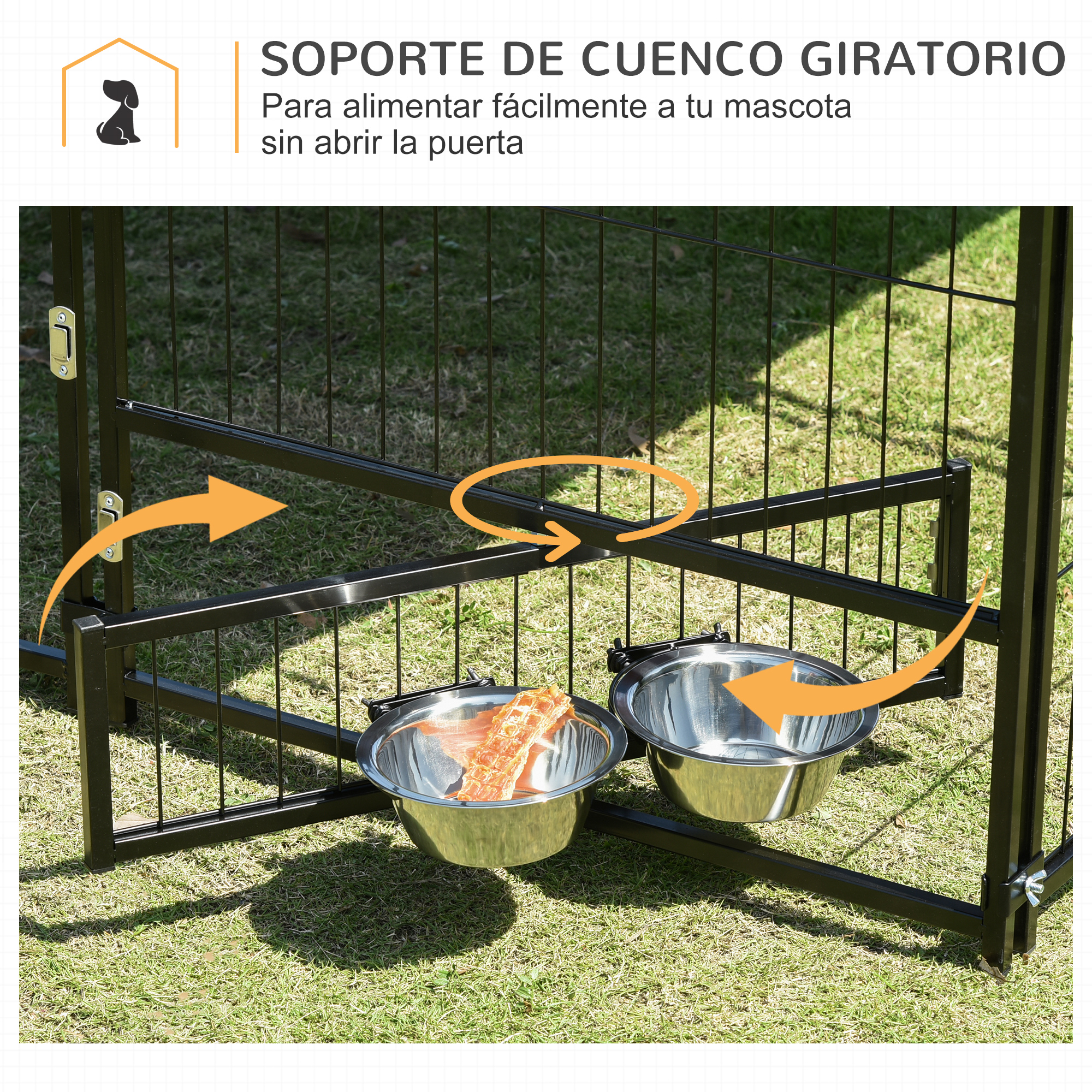 Comederos para perros en un corral. Flechas apuntan a los comederos. Contienen comida.