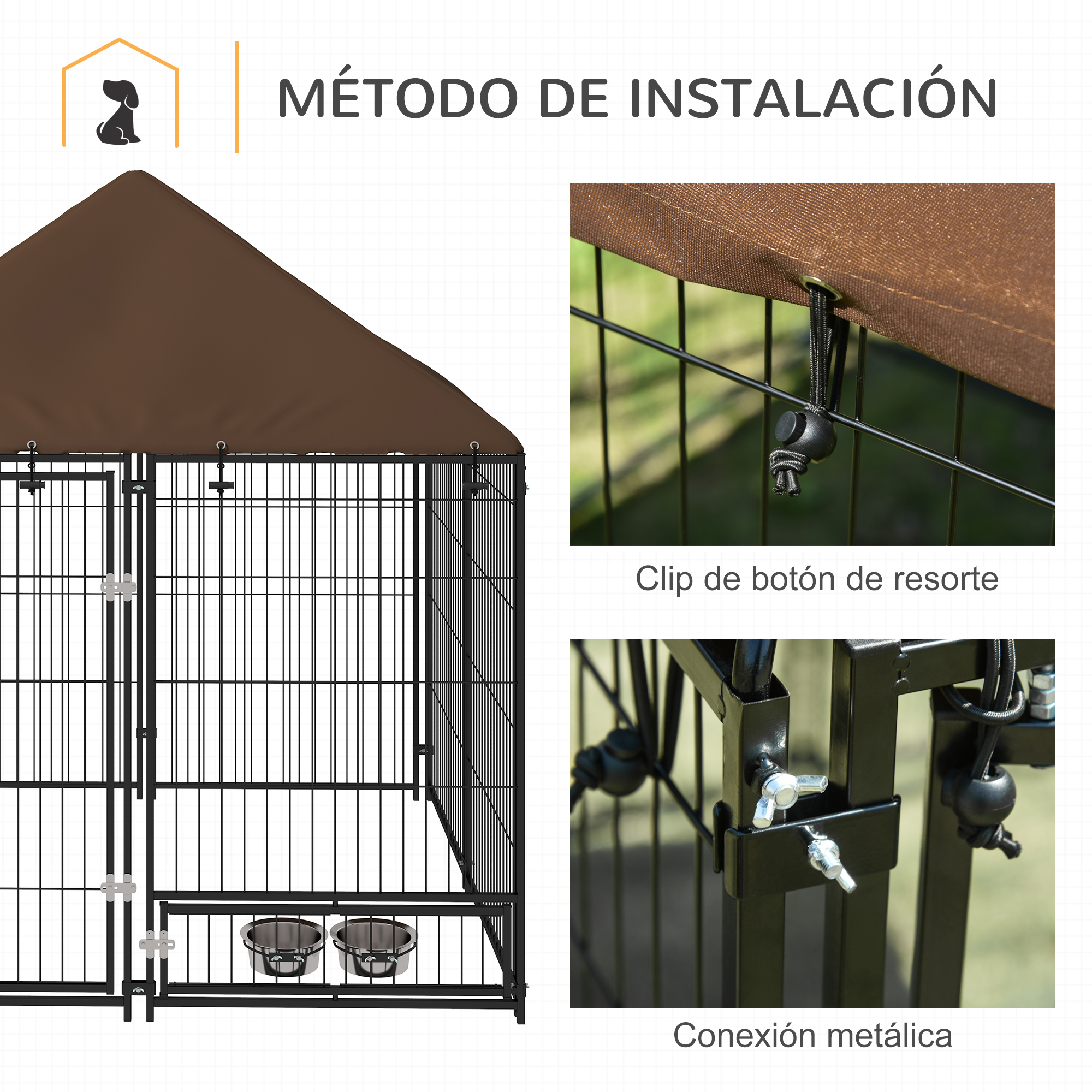 Detalles de un recinto para mascotas: clip de botón de resorte, conexión metálica y techo marrón.