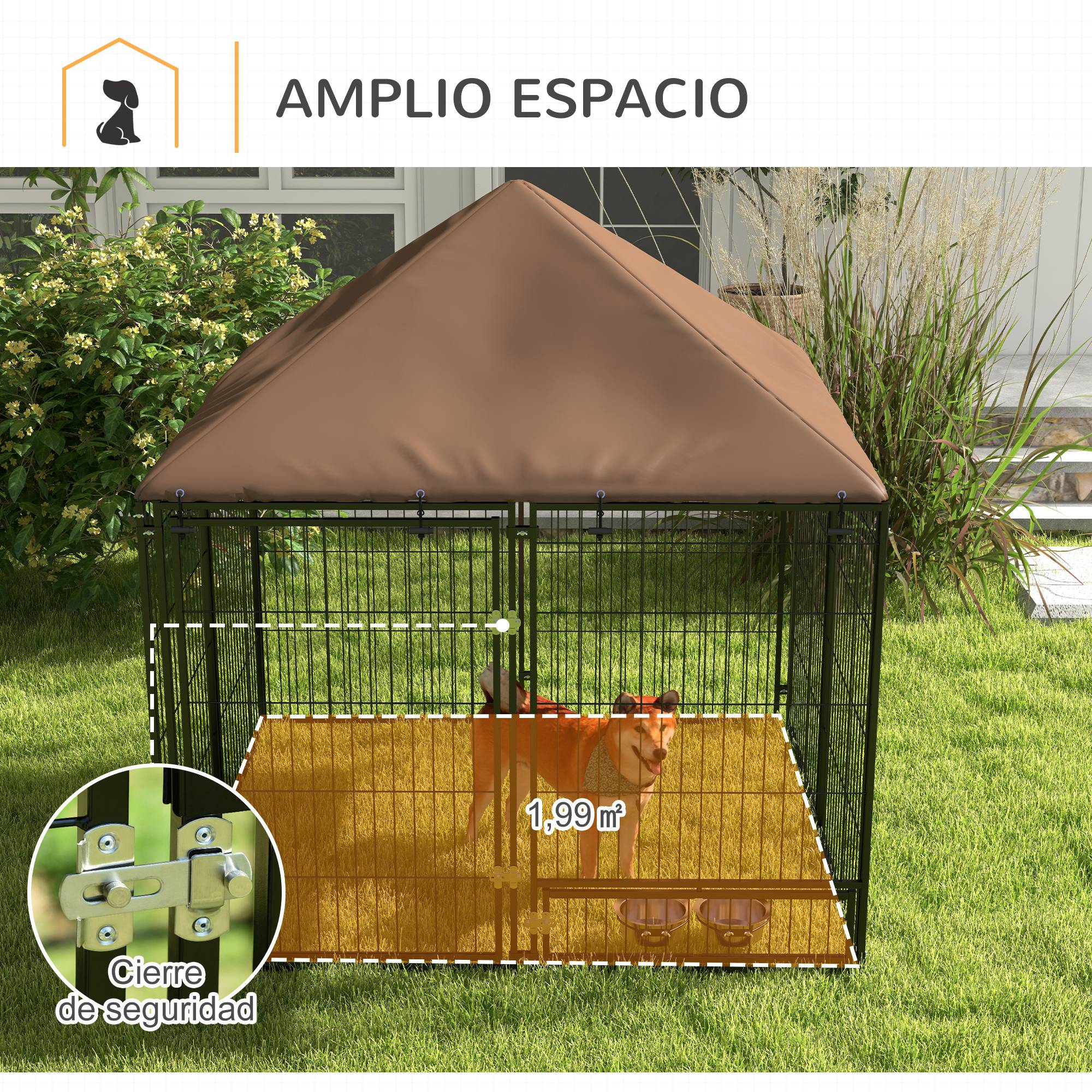 Perro en una jaula con techo marrón sobre césped.