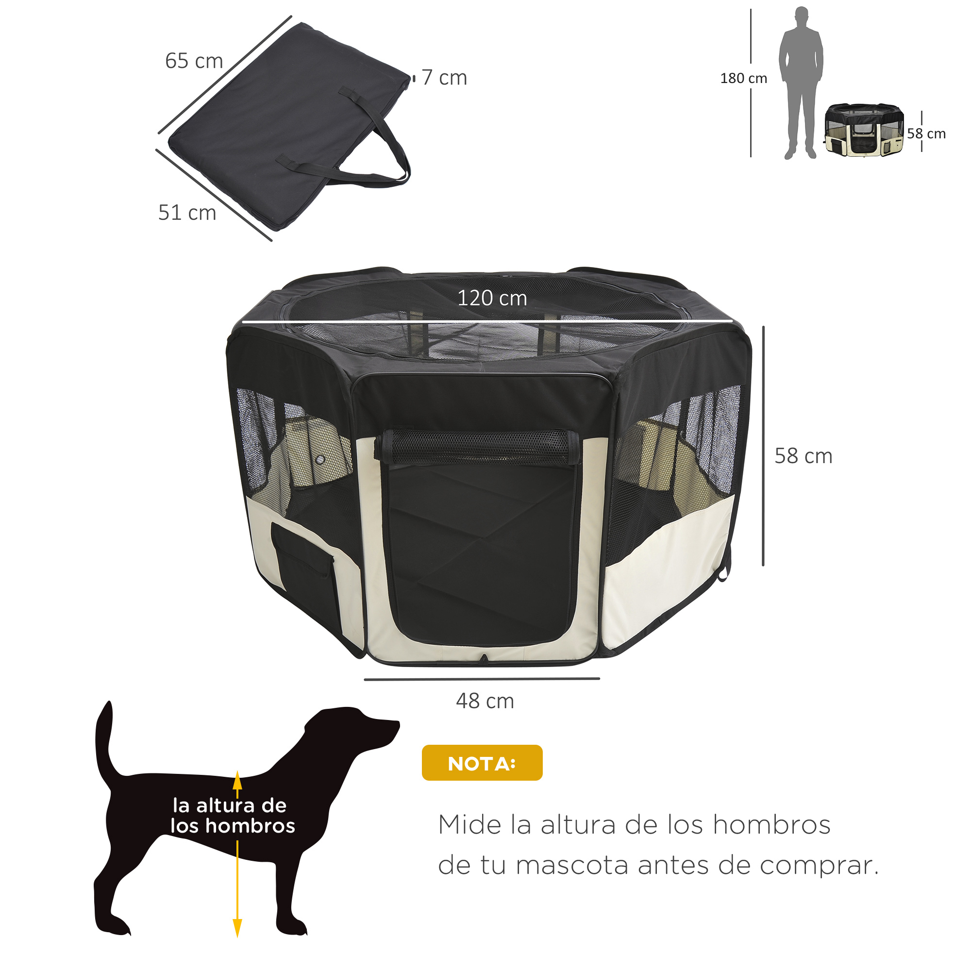 Parque para mascotas negro, dimensiones etiquetadas. También se muestra bolsa.