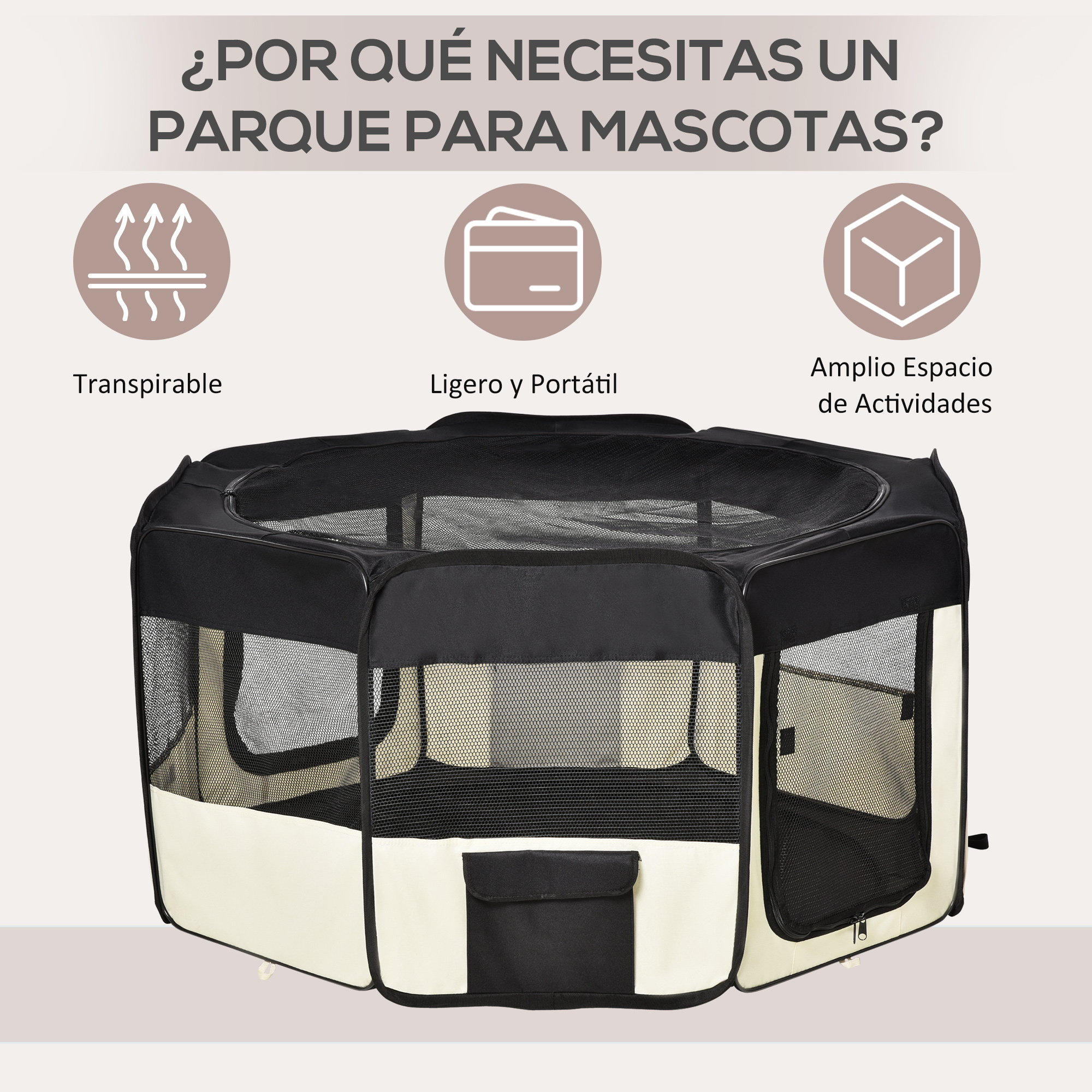 Un parque para mascotas negro y beige. Texto: Transpirable, Ligero y Amplio espacio.