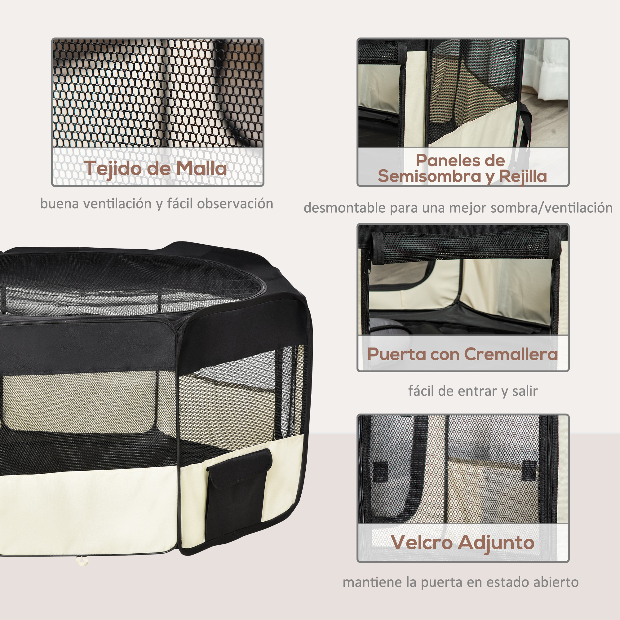 Detalles de un recinto para mascotas negro y beige. Malla, puerta con cremallera y velcro.