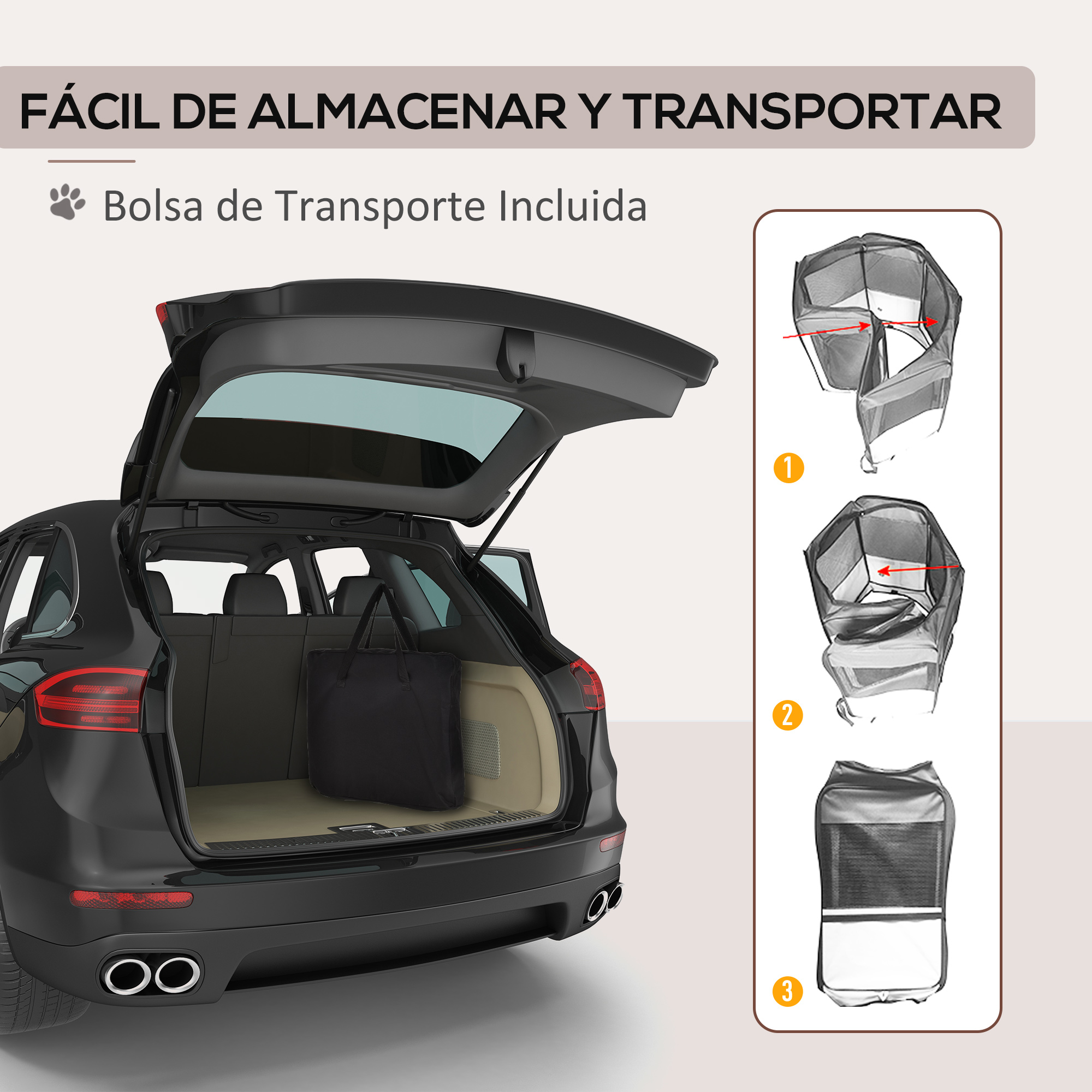 Un coche negro con el maletero abierto y un transportín para mascotas.