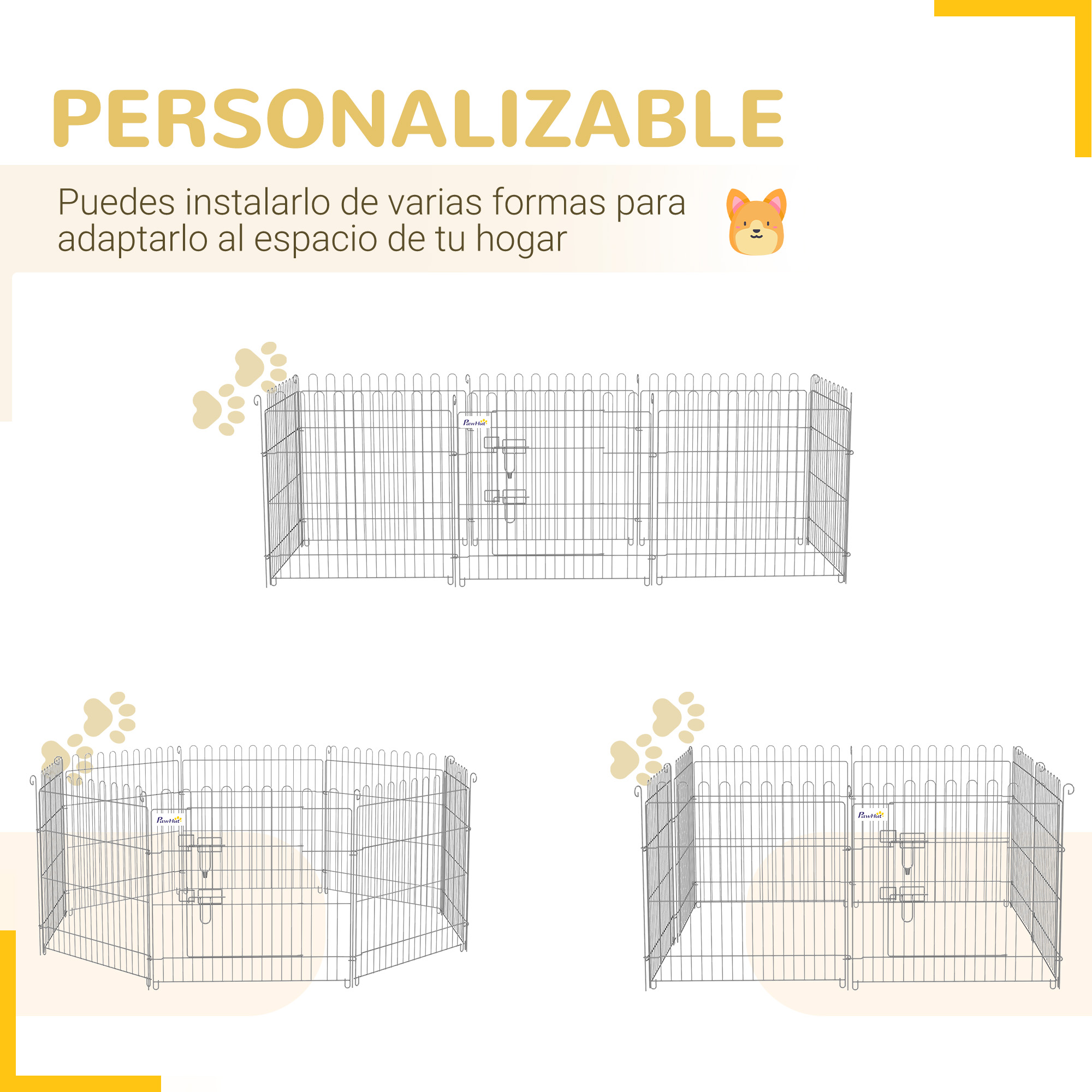 Tres corrales de alambre para mascotas en diferentes configuraciones. Son personalizables para espacios domésticos.