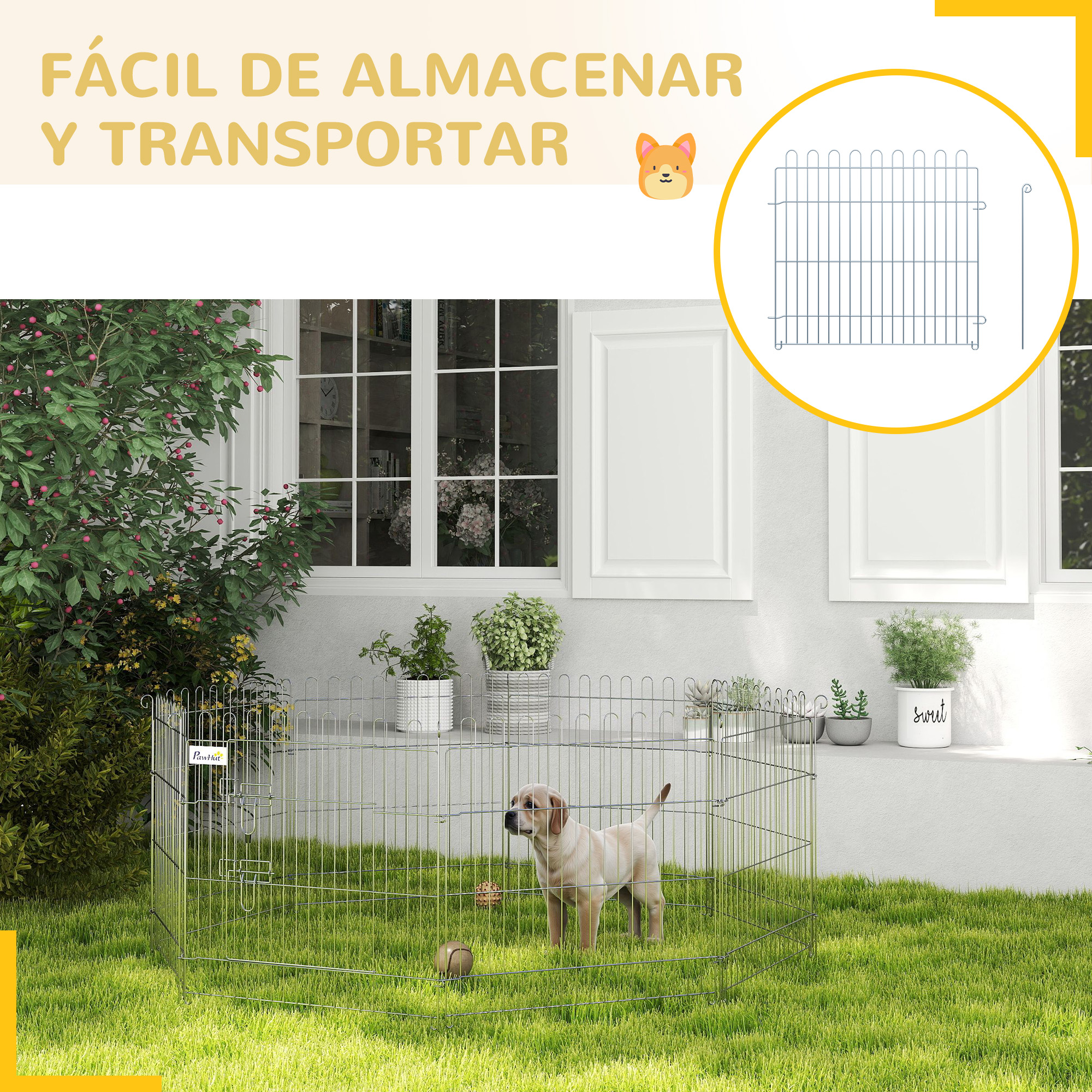 Parque para perros instalado en un jardín. Muestra un perro pequeño dentro y una valla perimetral.