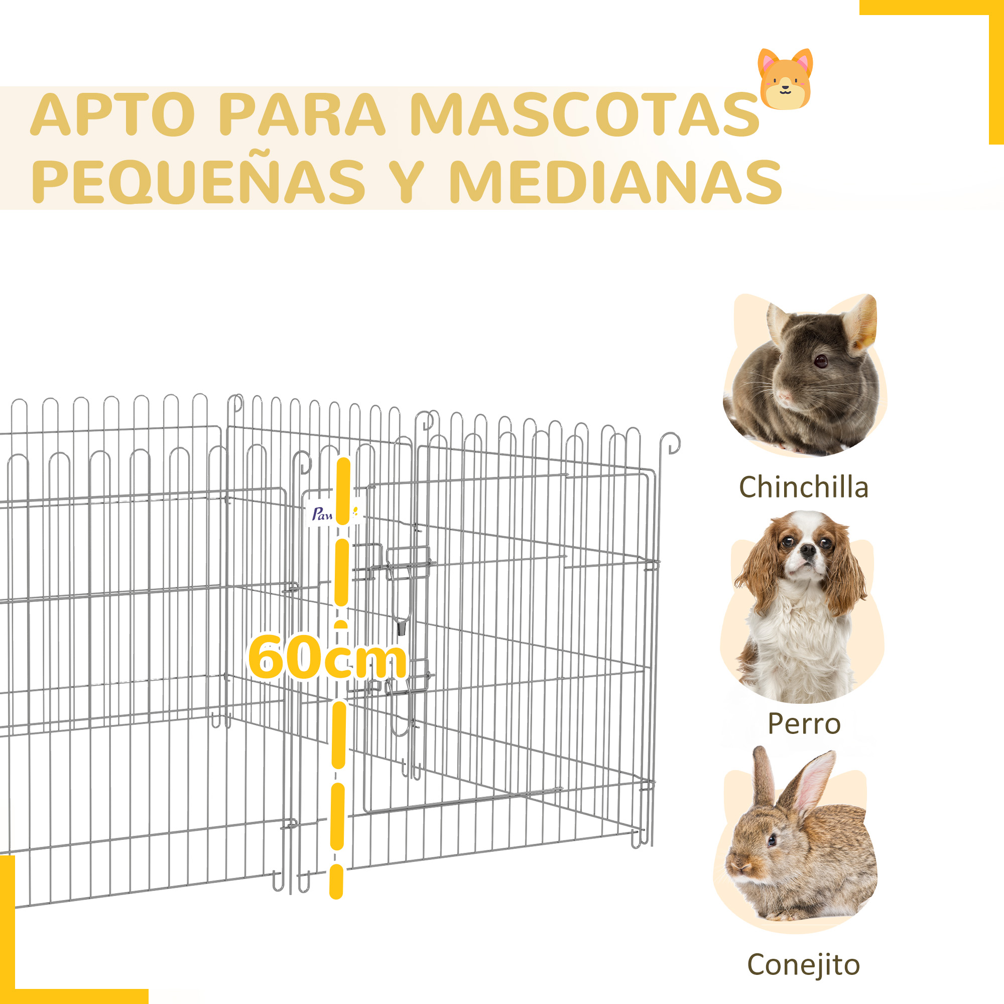 Un parque para perros de metal con tres animales pequeños: una chinchilla, un perro y un conejo.