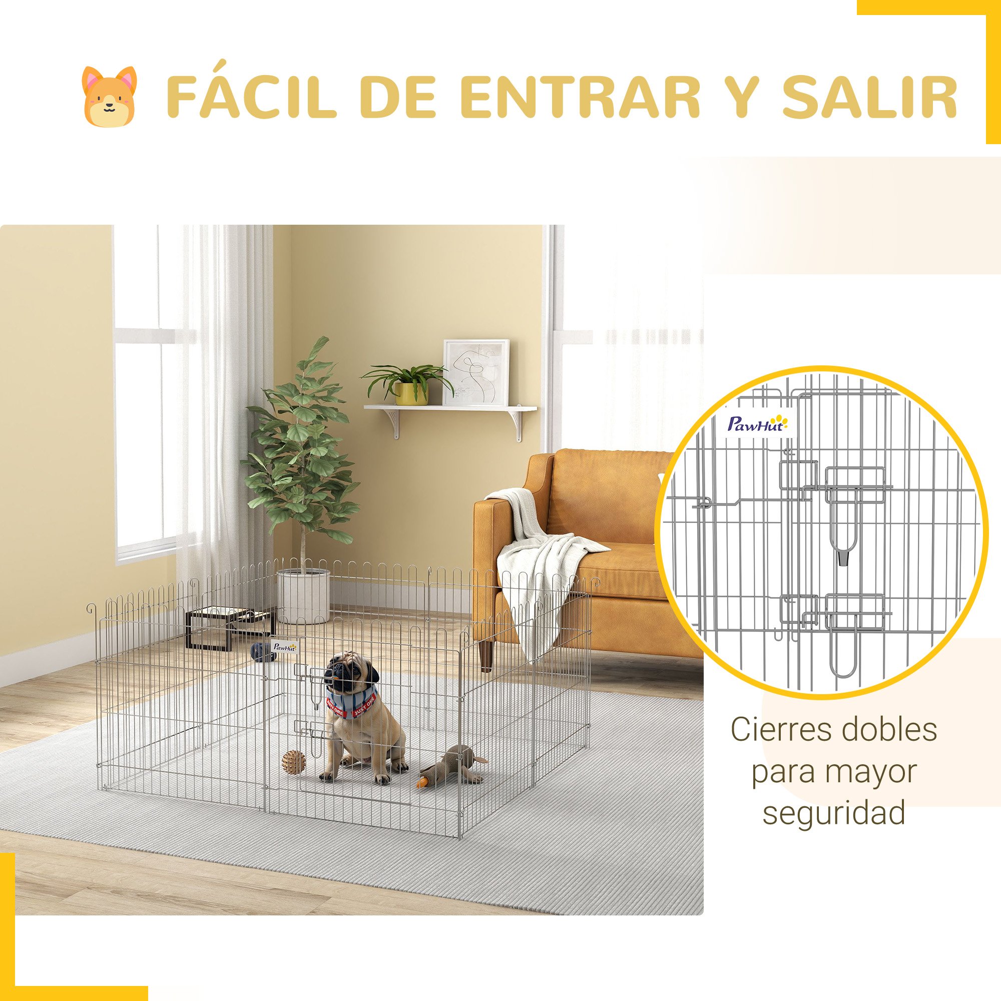 Una valla para mascotas en una sala de estar, con un pug, y un primer plano de los cierres dobles.