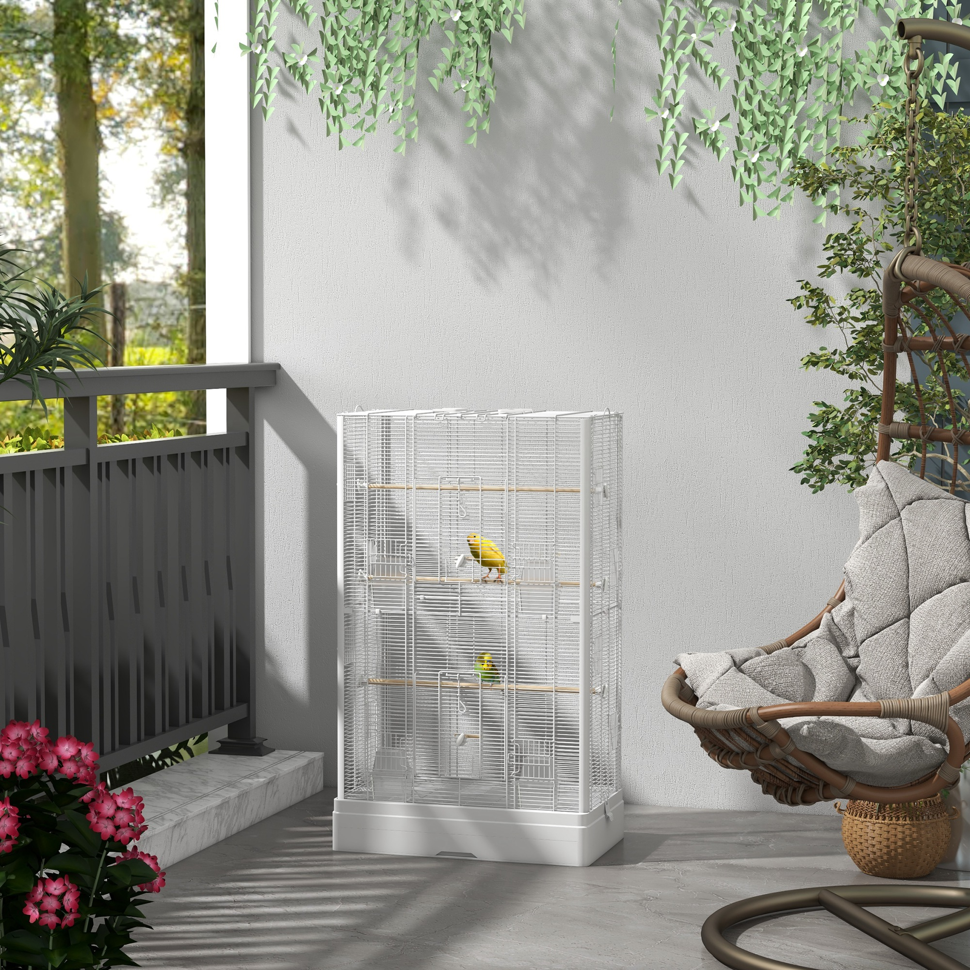 Jaula blanca con dos pájaros amarillos. Fondo: balcón con plantas colgantes y una silla.