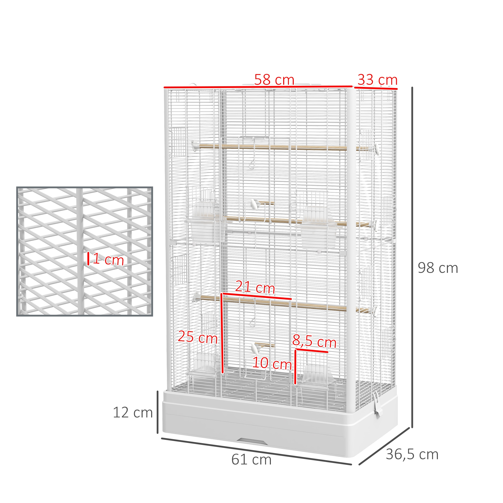 Jaula de pájaros blanca con dimensiones etiquetadas. Tiene múltiples perchas y comederos en el interior.