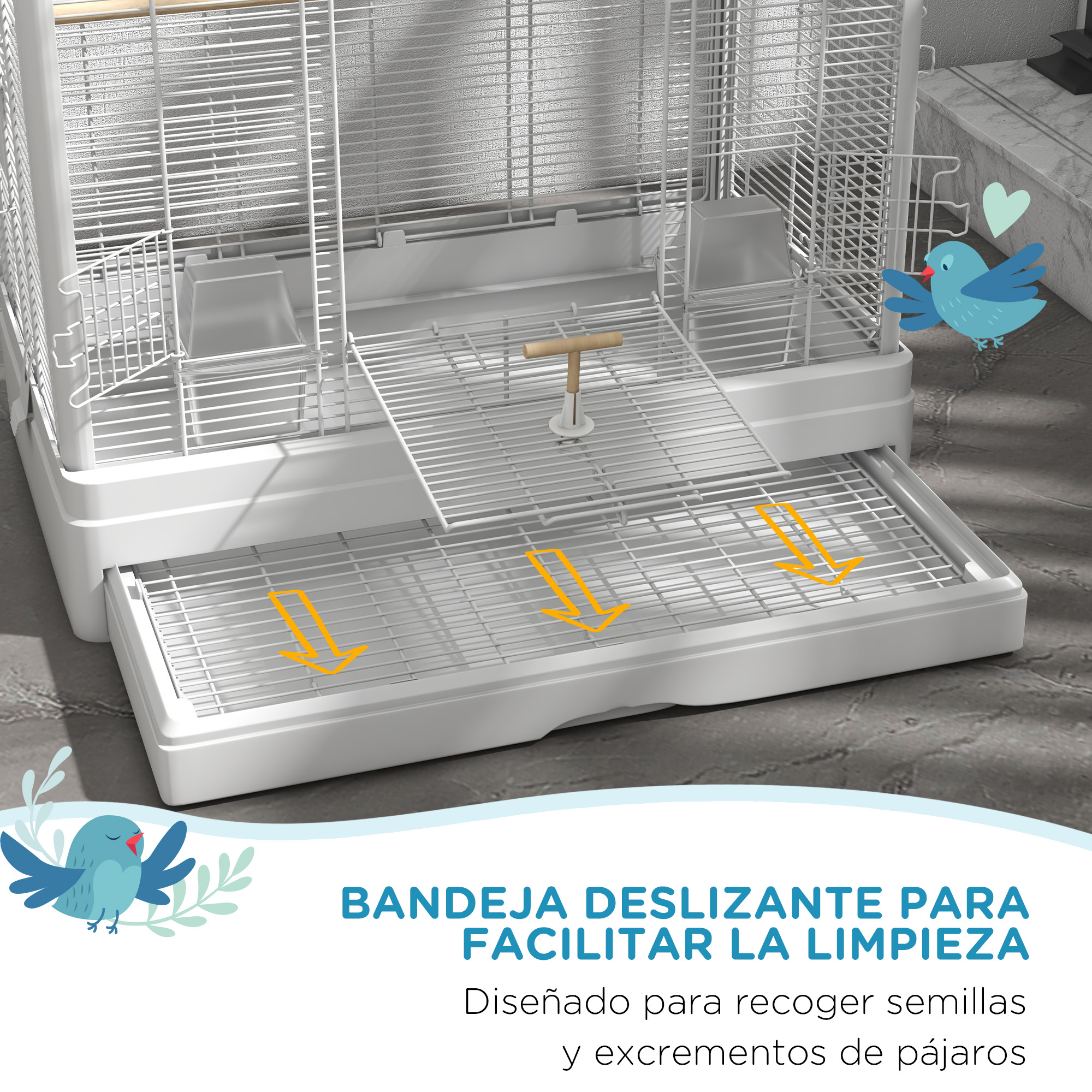 Una jaula blanca para pájaros con una bandeja deslizante y una ilustración de un pájaro azul.