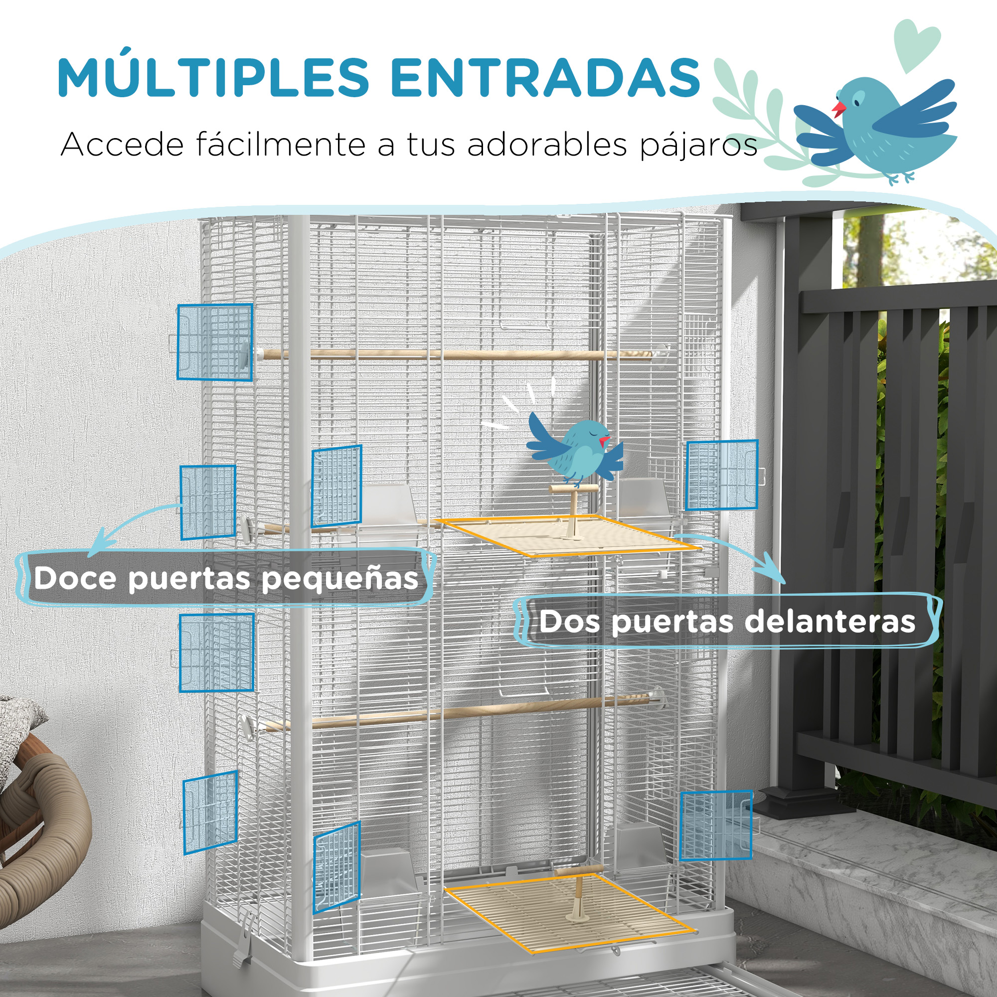 Una jaula blanca para pájaros con múltiples puertas pequeñas y delanteras. Dos pájaros están dentro.