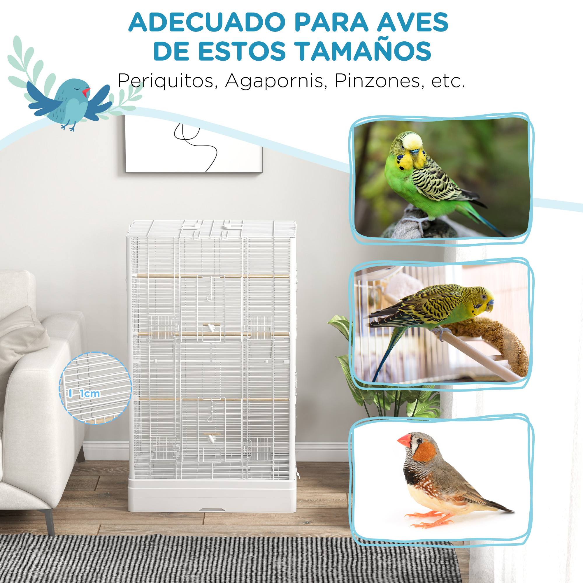 Una jaula blanca con tres pájaros, un sofá y texto en español.