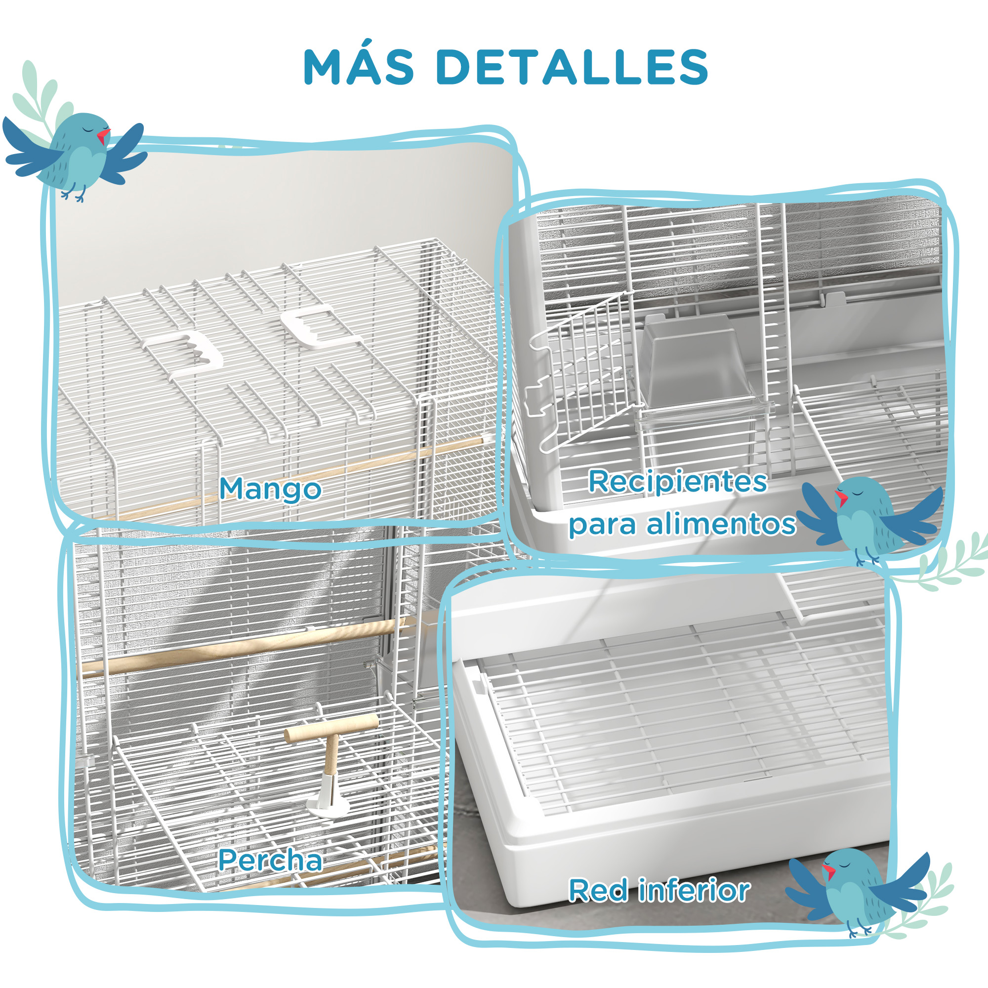 Jaula metálica blanca para pájaros con perchas y comederos. Hay pájaros azules en las esquinas.