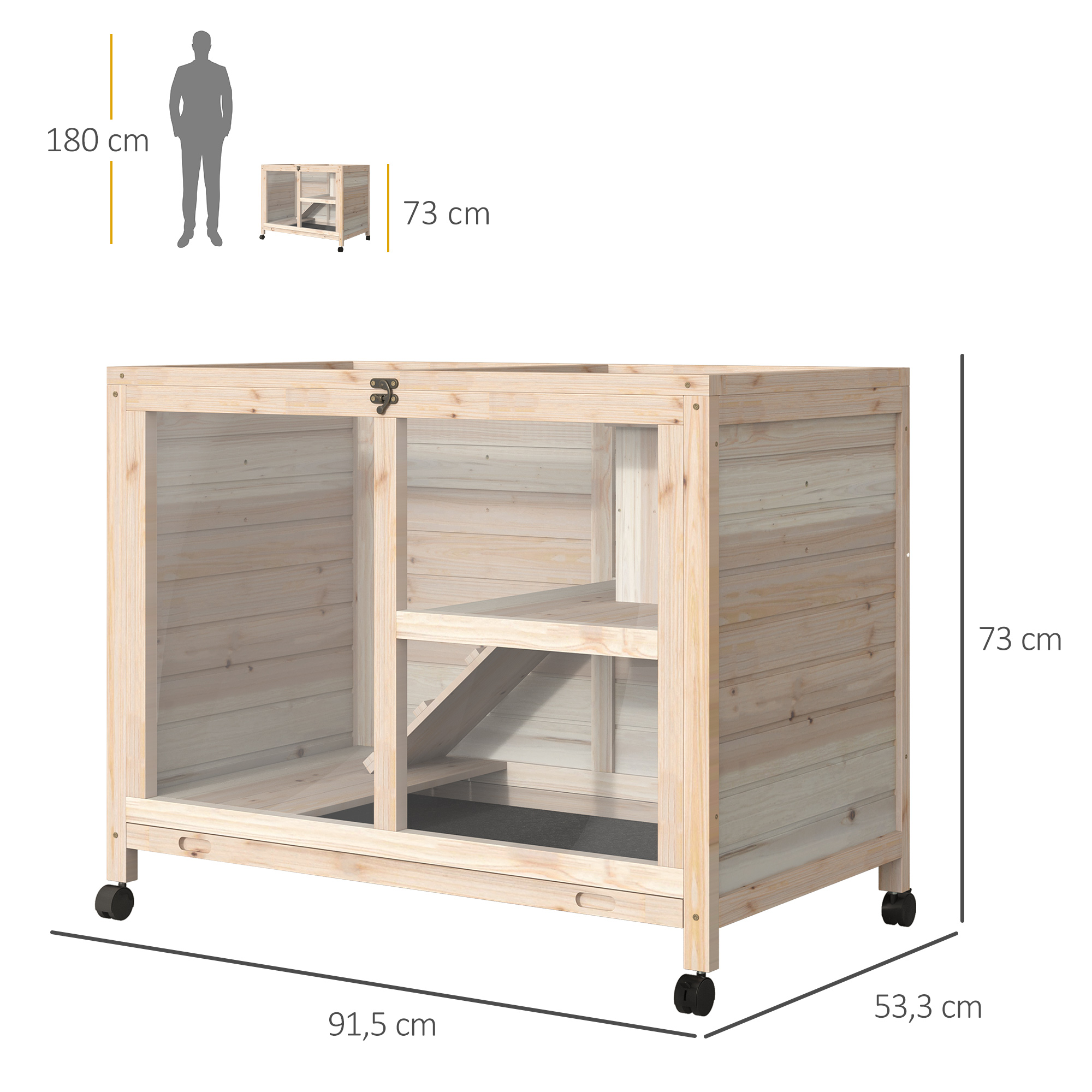 Casa para mascotas de madera con dimensiones. Contorno de persona para escala.