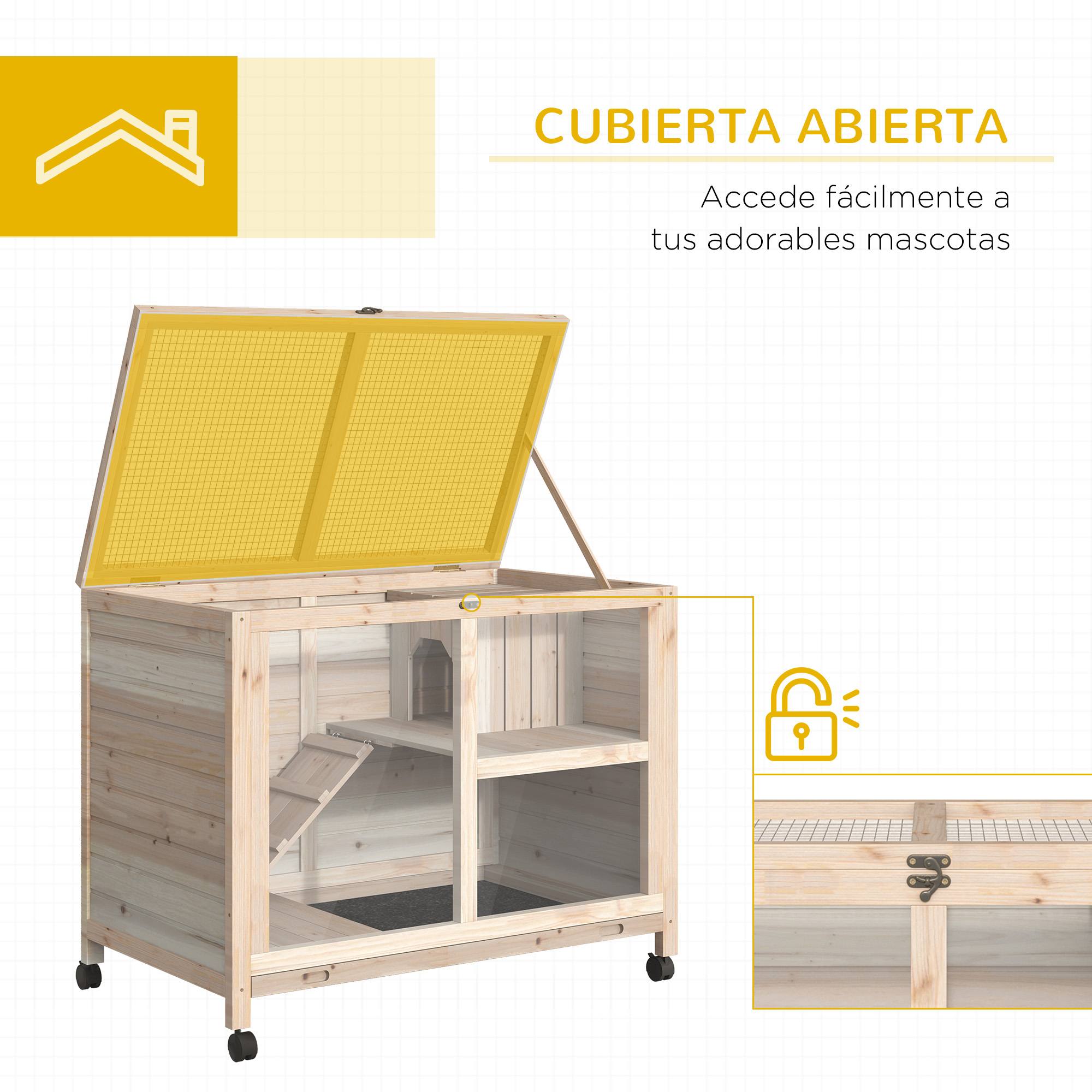 Casa de madera para mascotas con la parte superior abierta, características y dimensiones.