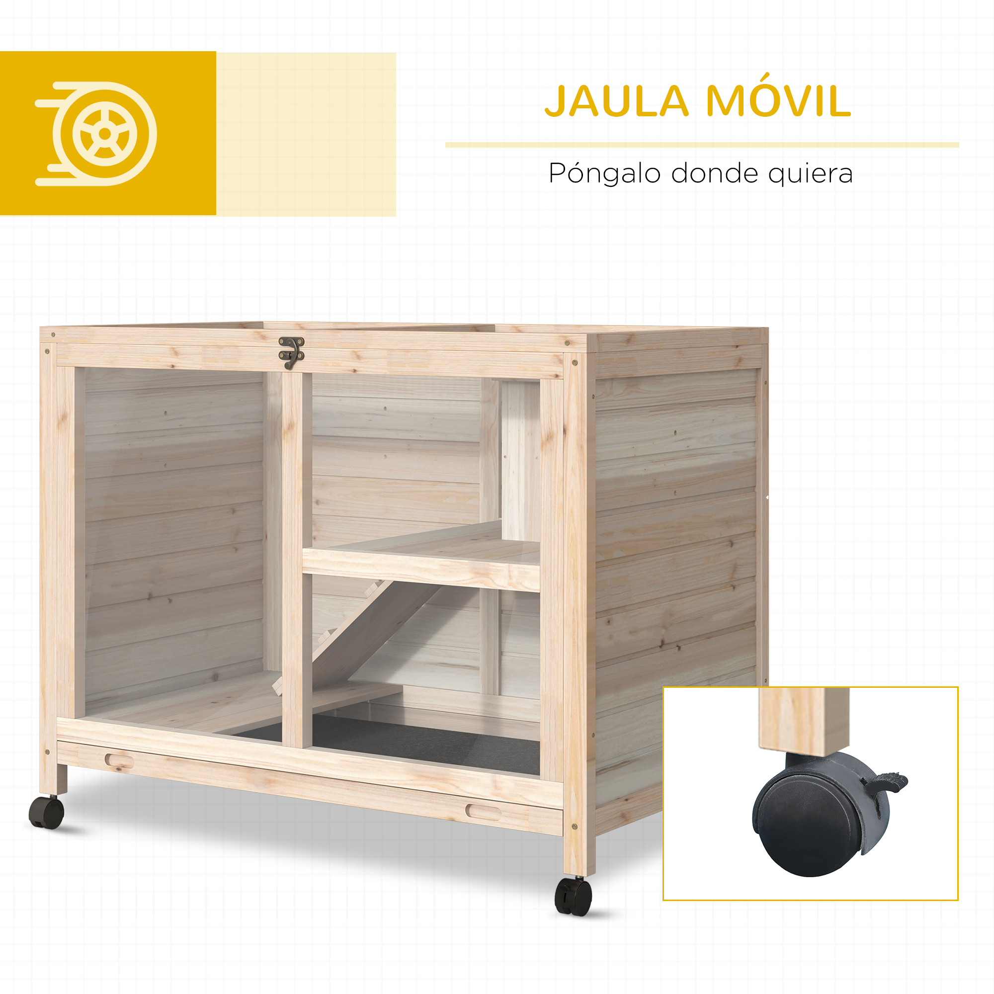 Una jaula de madera para mascotas sobre ruedas. Tiene un estante, una puerta y un cerrojo. La jaula está en una habitación blanca.