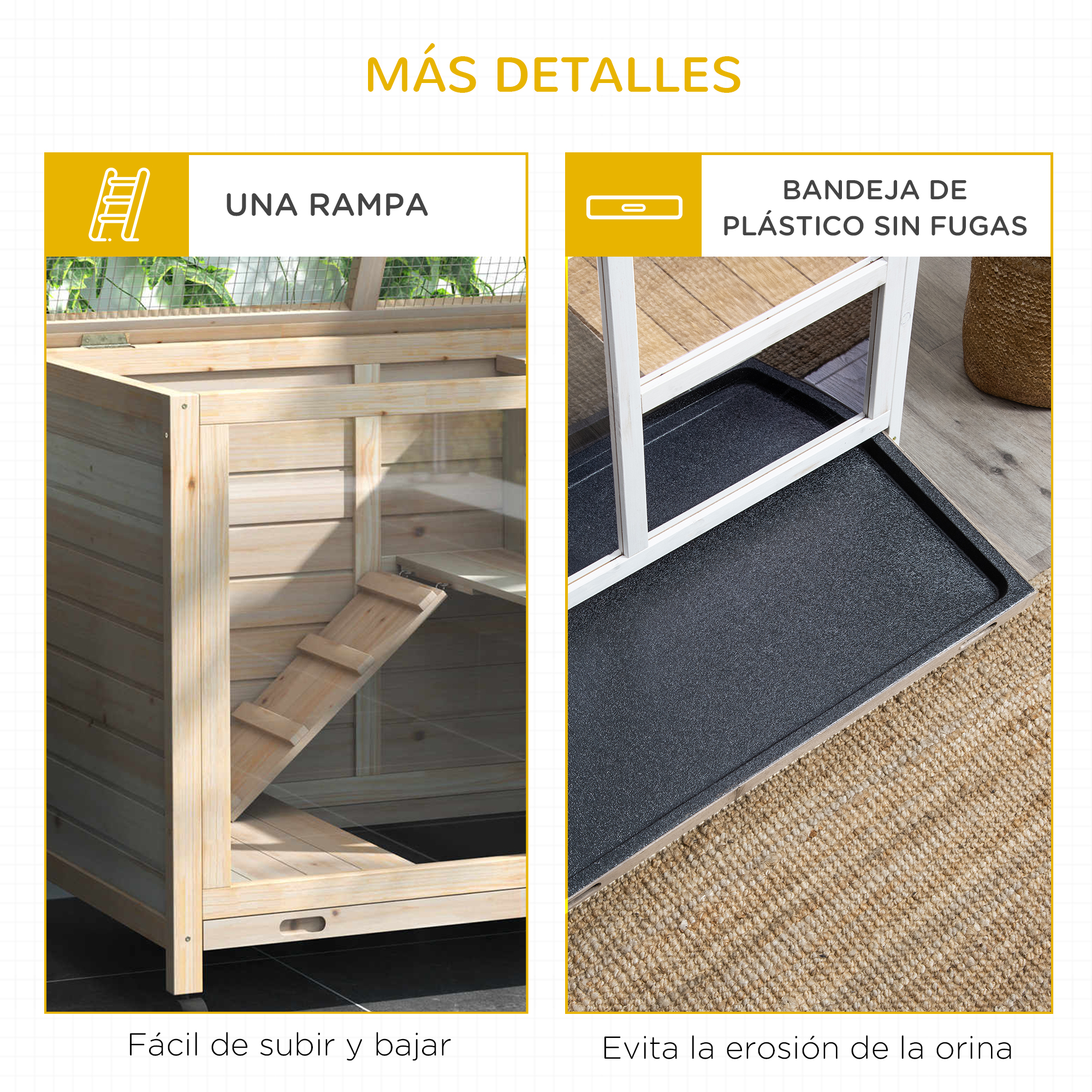 Detalles de la casa de mascotas de madera: una rampa para facilitar el acceso y una bandeja de plástico a prueba de fugas.