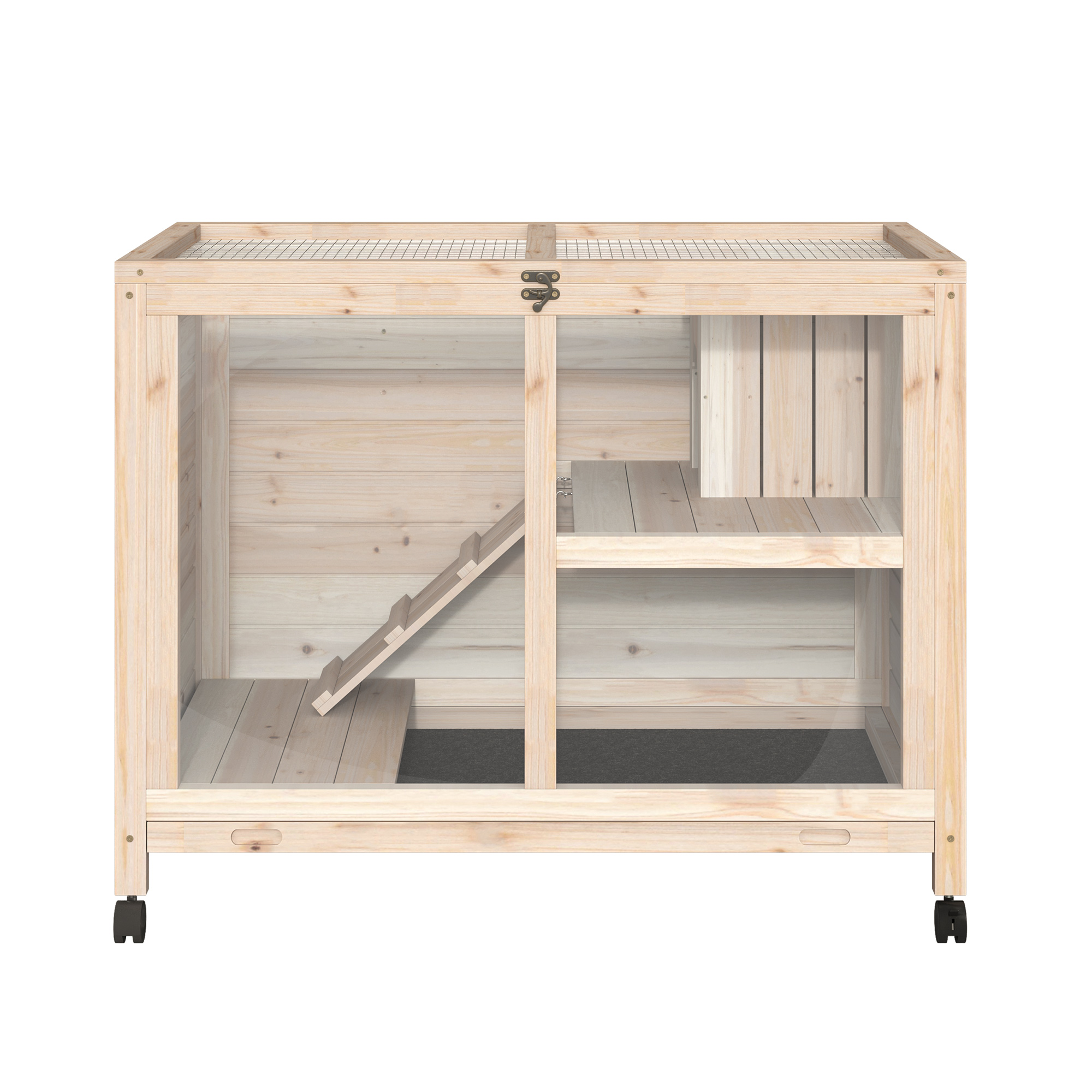 Jaula de madera para mascotas pequeñas con escalera y rampa. Base negra.