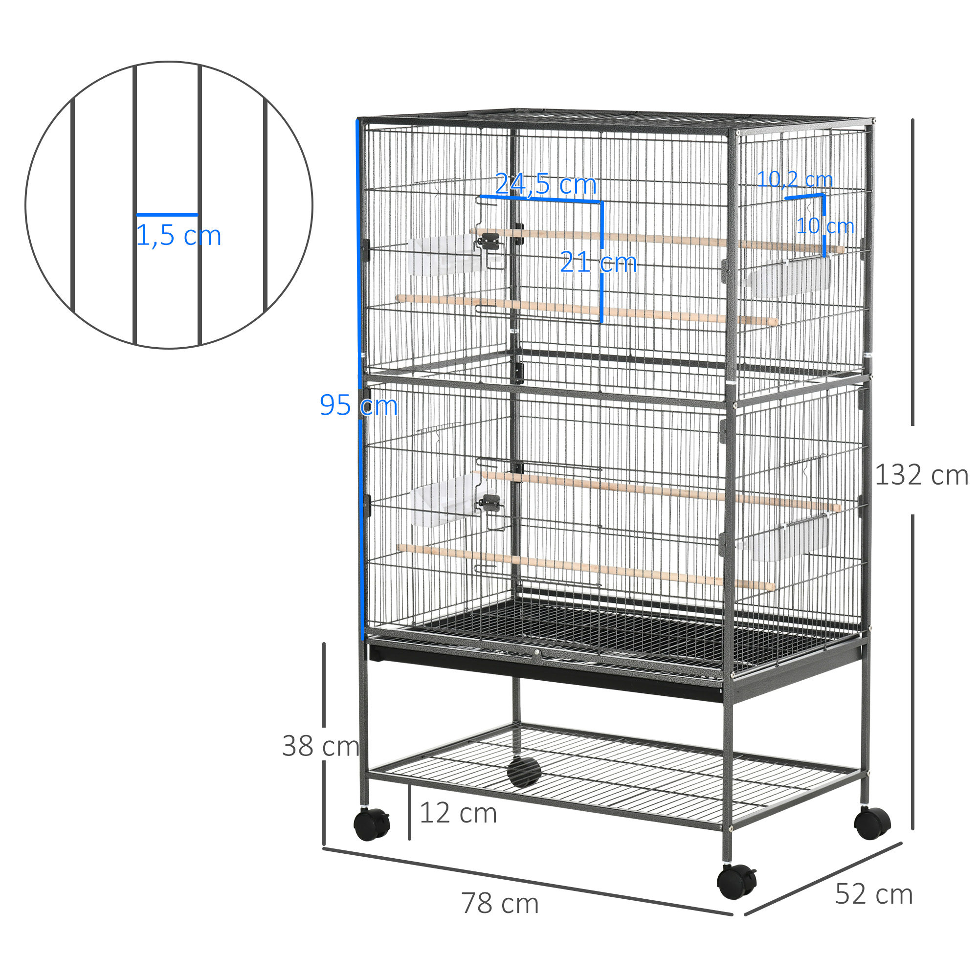 Una jaula de metal plateado con dos niveles y dimensiones marcadas. Se encuentra sobre ruedas con una bandeja en la parte inferior.