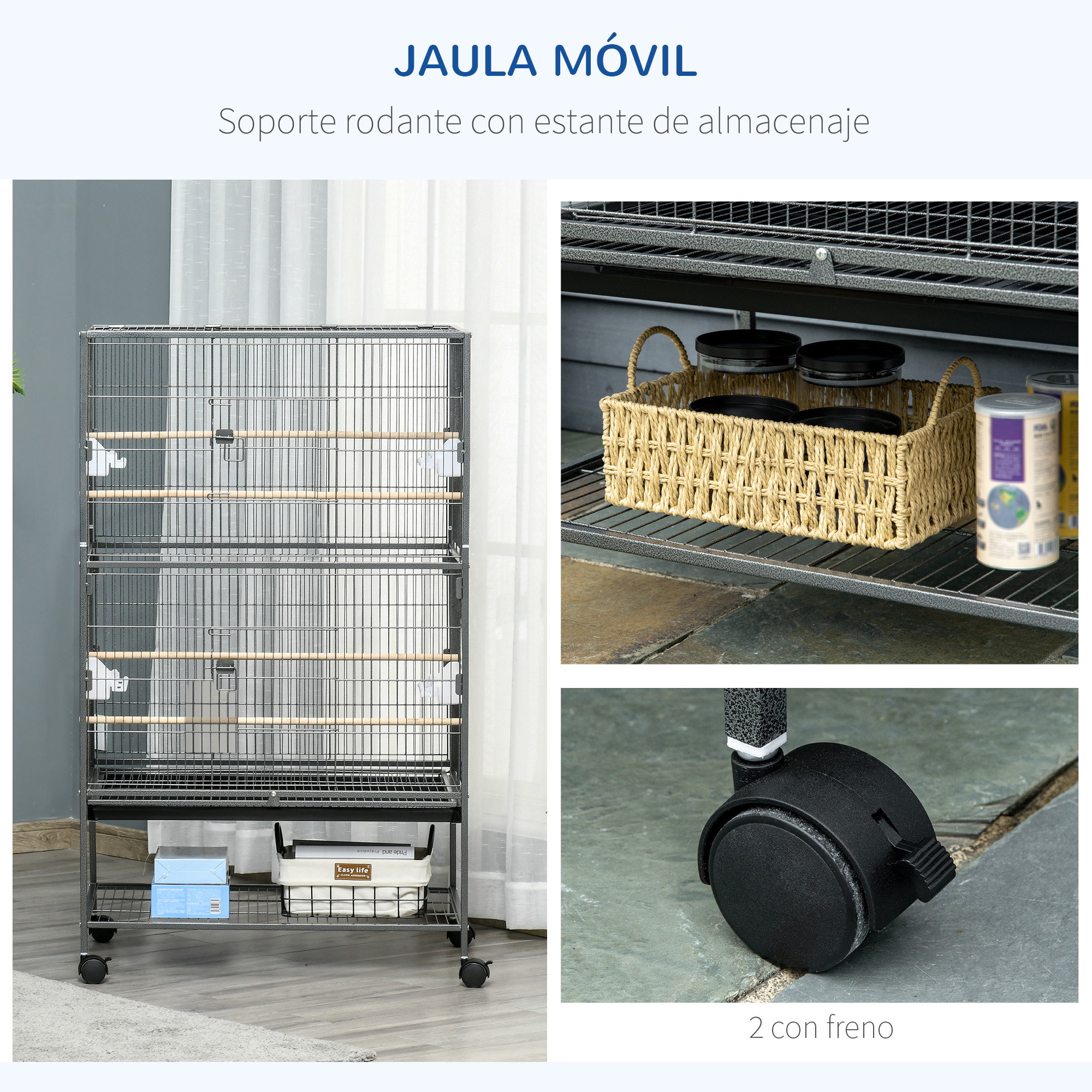 Jaula móvil con estante de almacenamiento e imágenes detalladas de ruedas y una cesta.