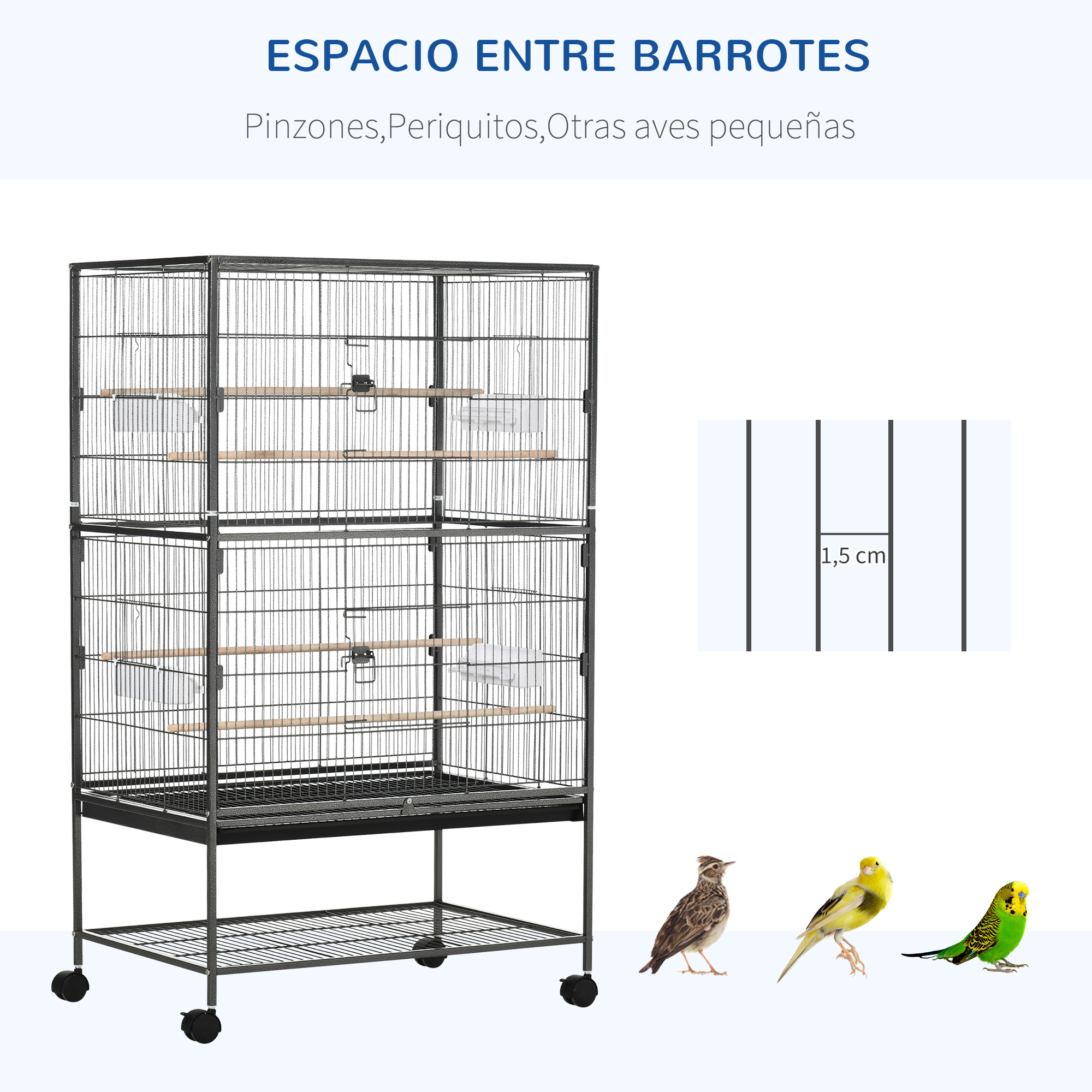 Una jaula para pájaros de varios niveles con aves y un diagrama que muestra el espaciado de las barras de 1,5 cm.