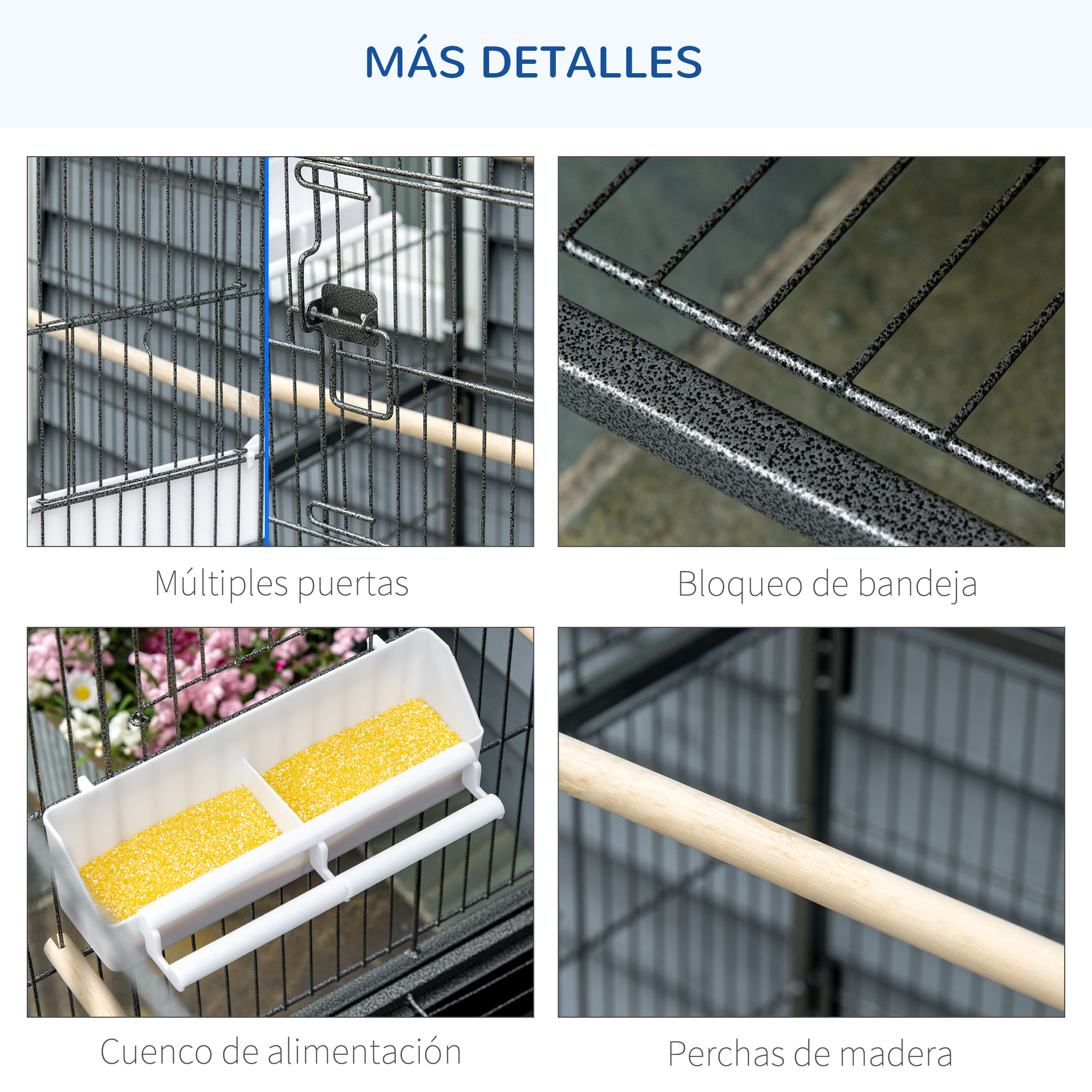 Vistas detalladas de una jaula para pájaros con múltiples puertas, cierre de bandeja y comedero.