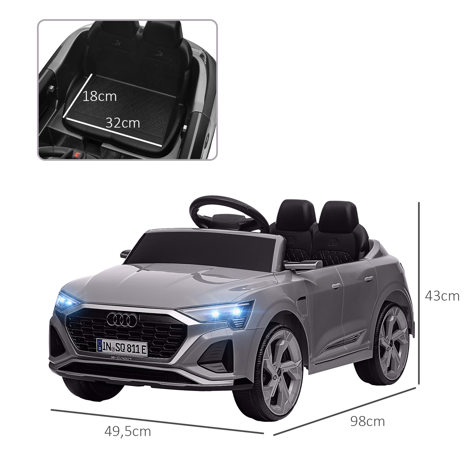 Coche de juguete gris con dimensiones. Contiene una vista superior de los asientos.