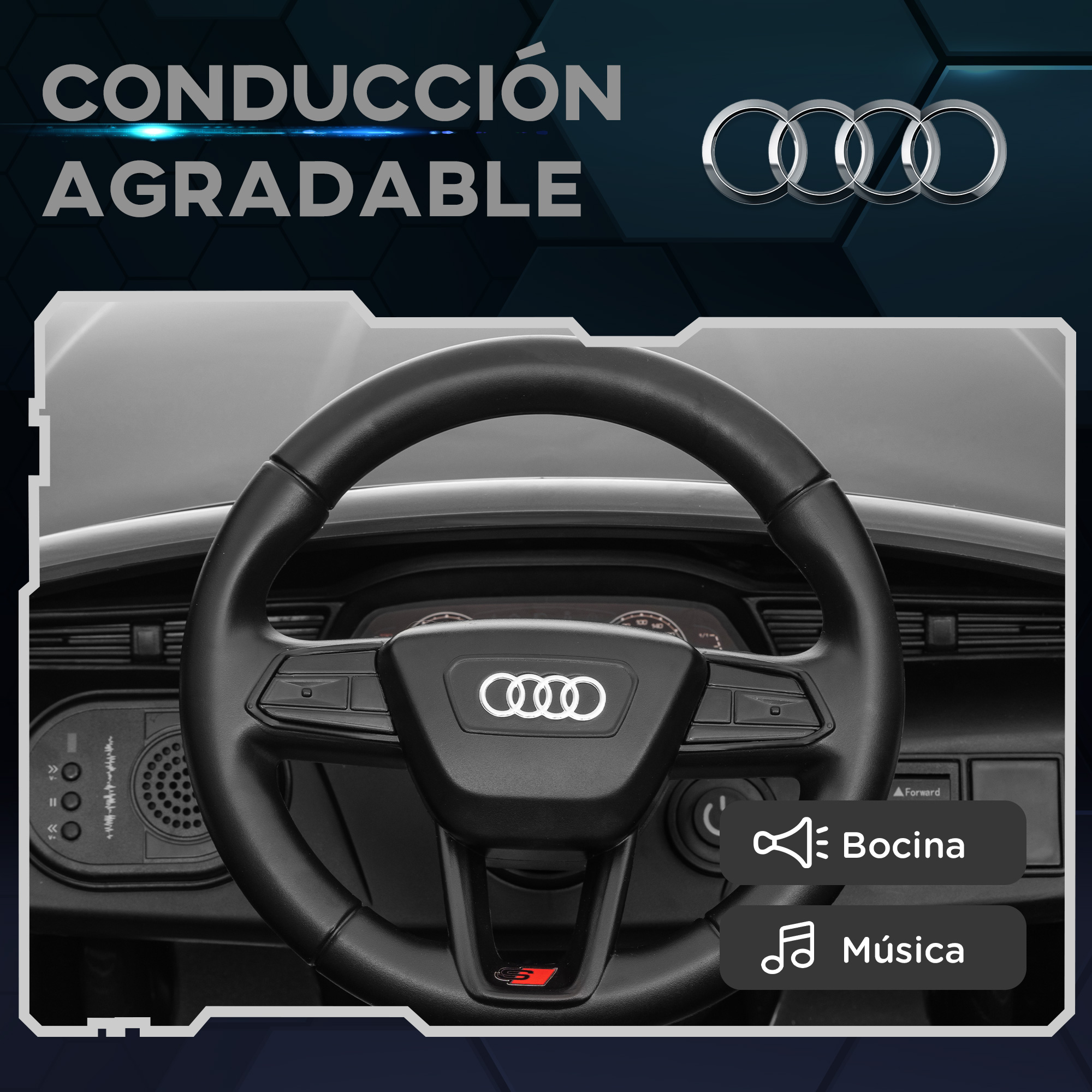 Volante negro con el logotipo de Audi en el interior de un coche. Tiene un botón de bocina y música.