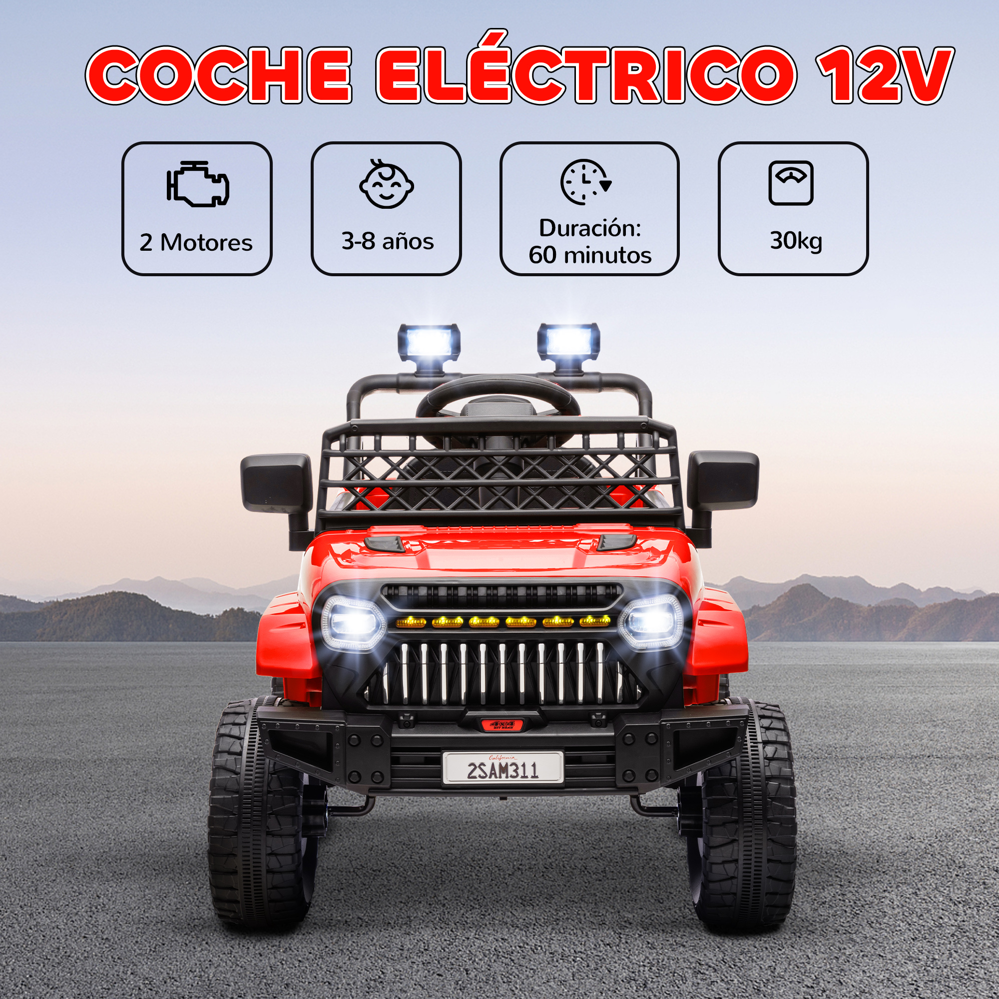Un coche de juguete rojo con el texto 'COCHE ELÉCTRICO 12V'. El coche tiene faros y una matrícula, y está sobre pavimento.