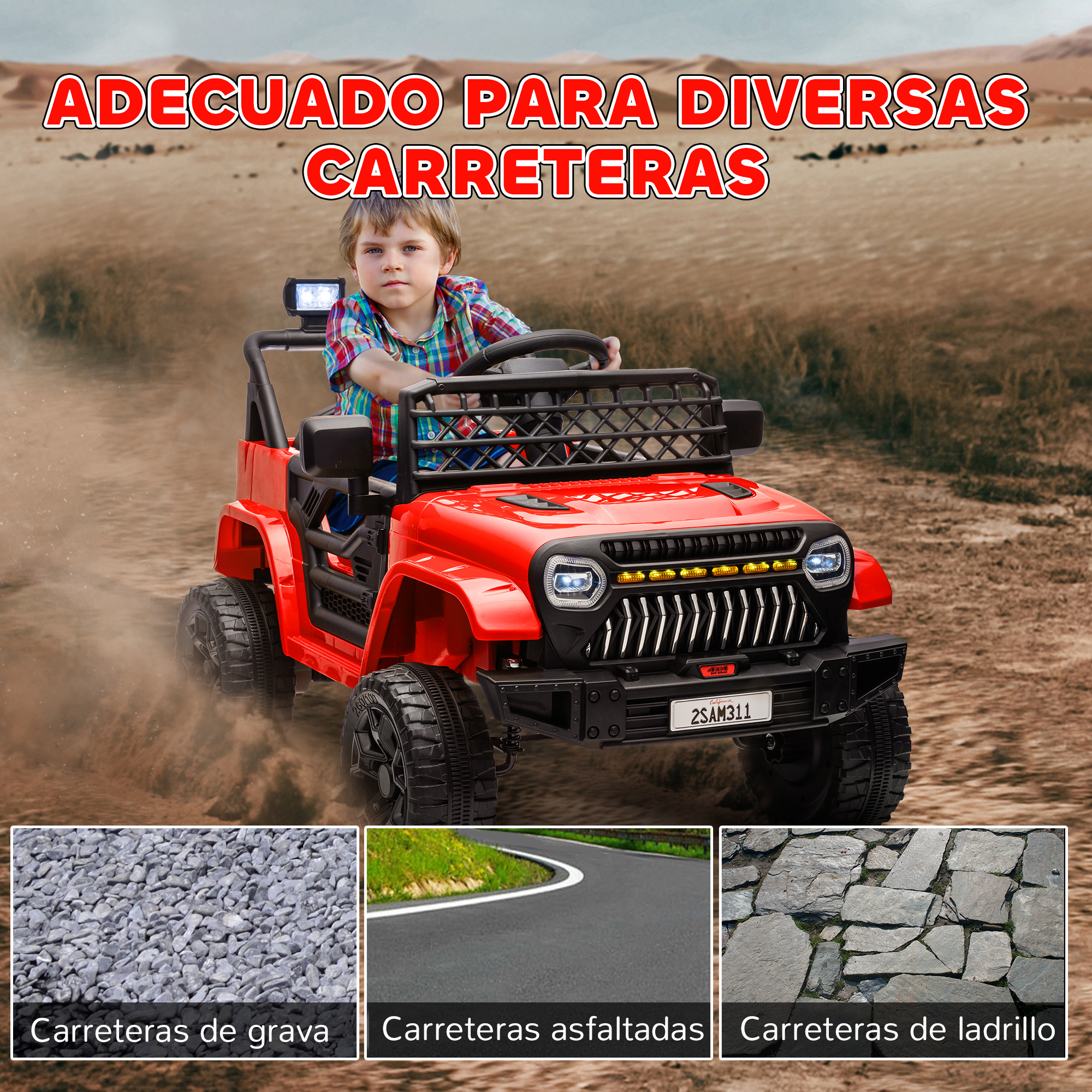 Un niño conduce un coche de juguete rojo sobre varias superficies de carretera. El coche tiene faros.