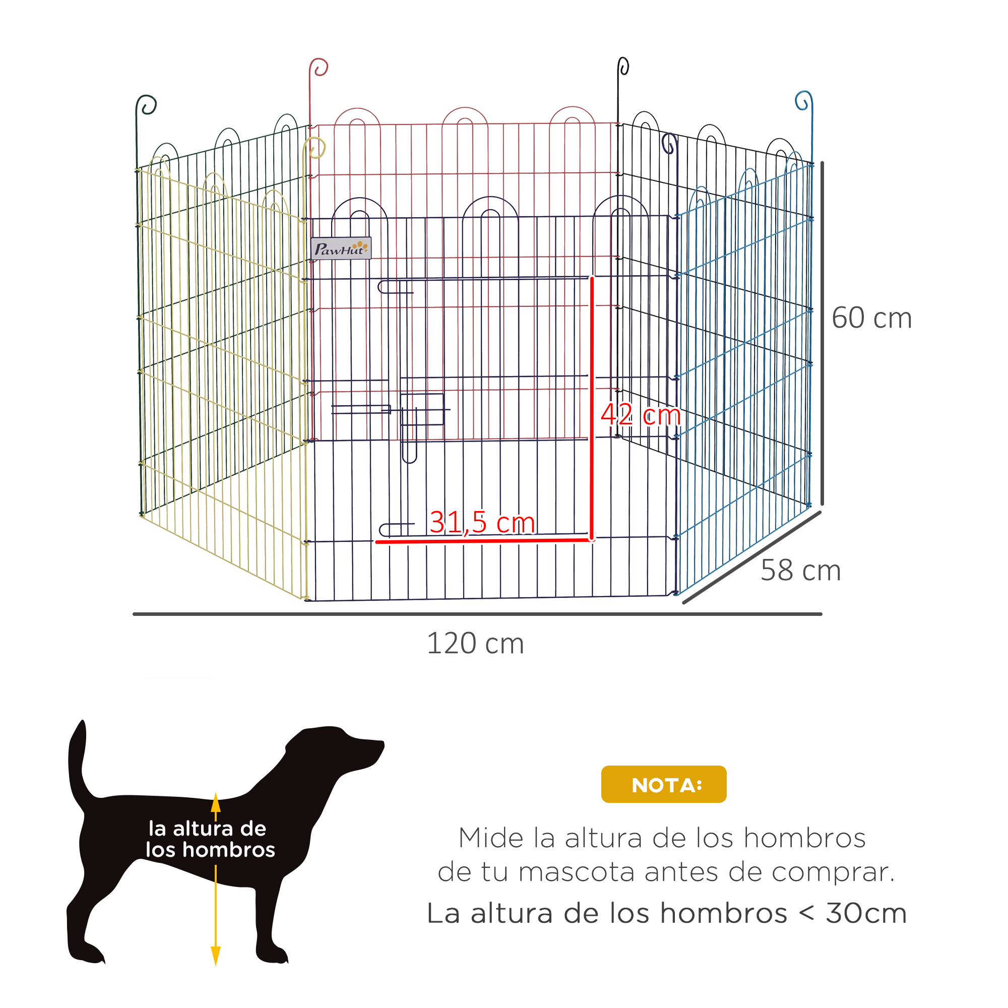 Valla para perros con dimensiones. Una silueta de perro muestra la altura. Es una valla de alambre con fondo neutro.