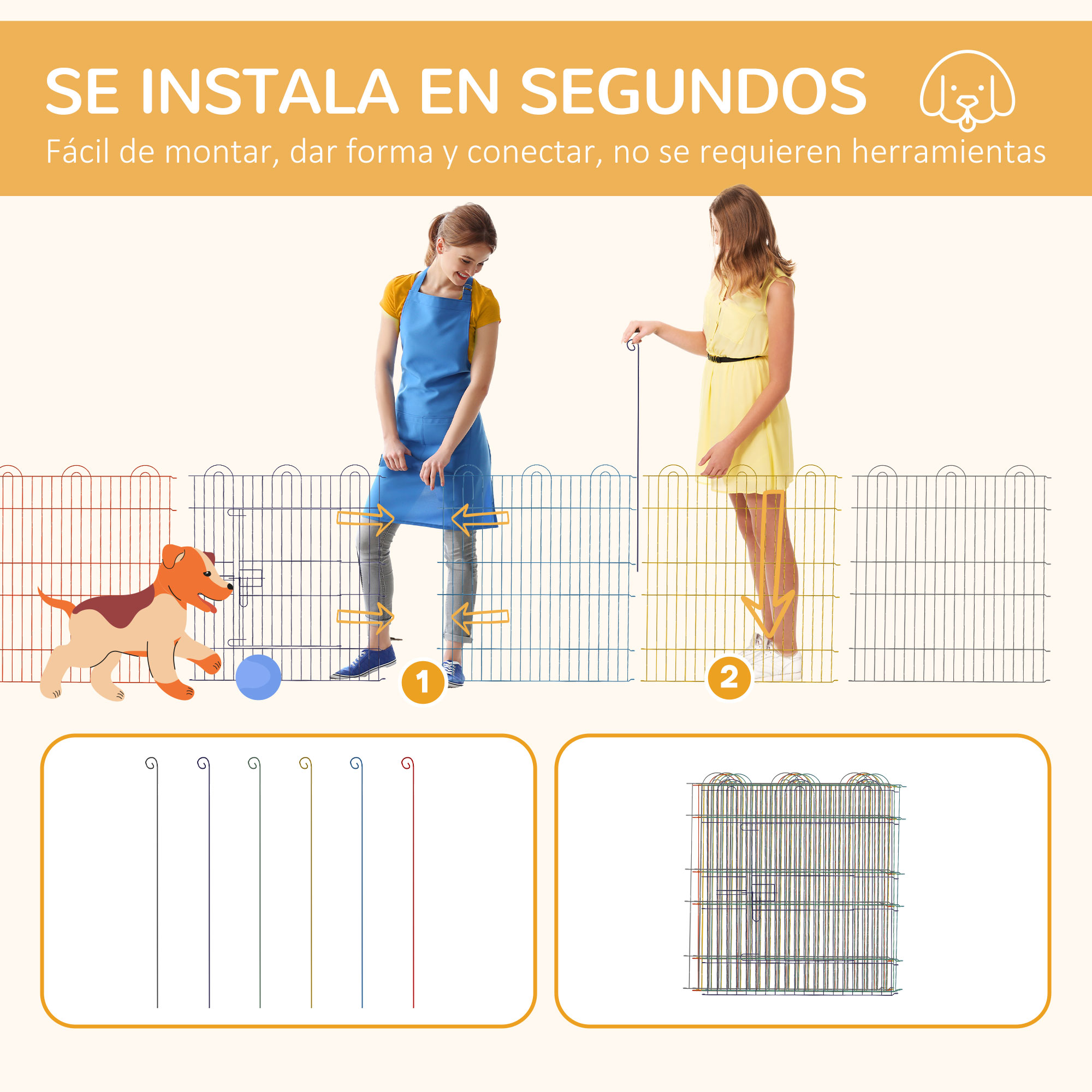 Dos mujeres montando una valla para perros con un perro y una pelota. Texto en español.