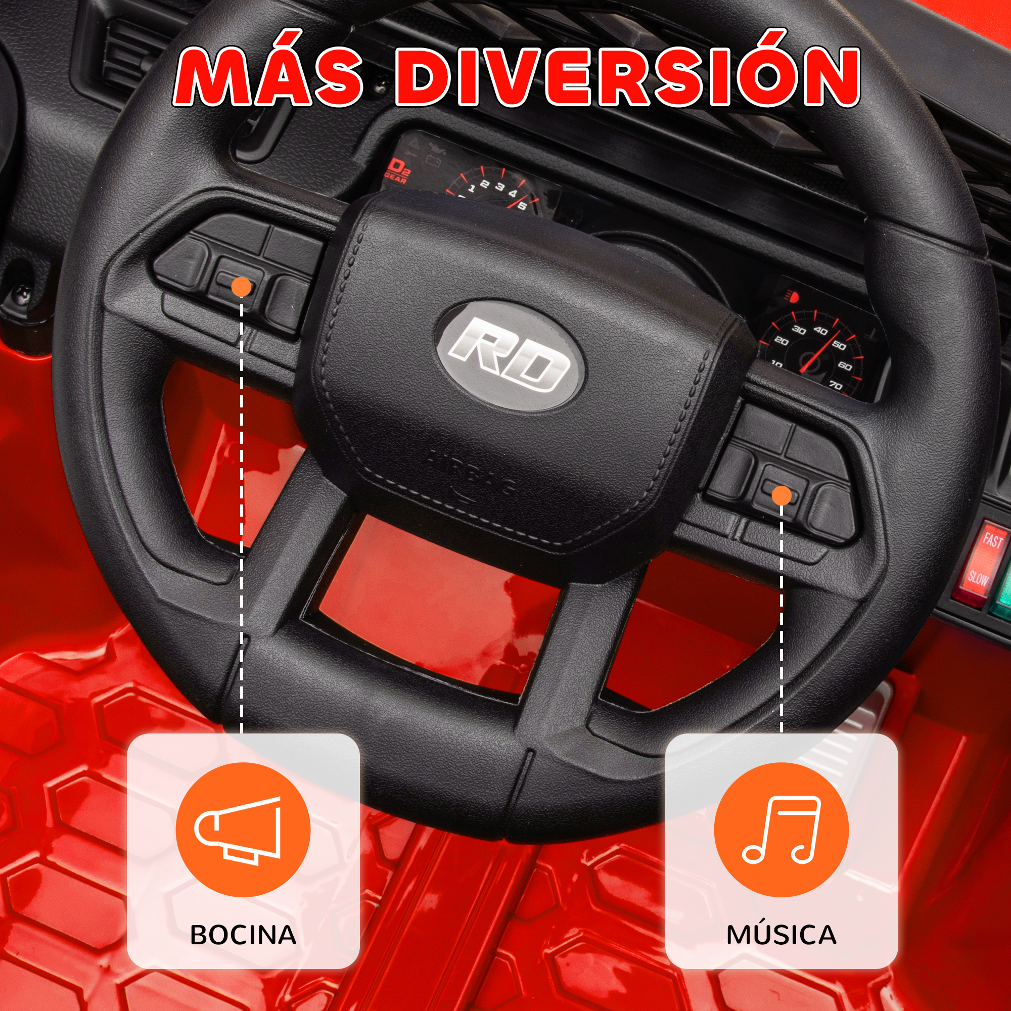 Un volante de juguete para niños. Tiene bocina y botón de música. Es rojo, con el logo RD.