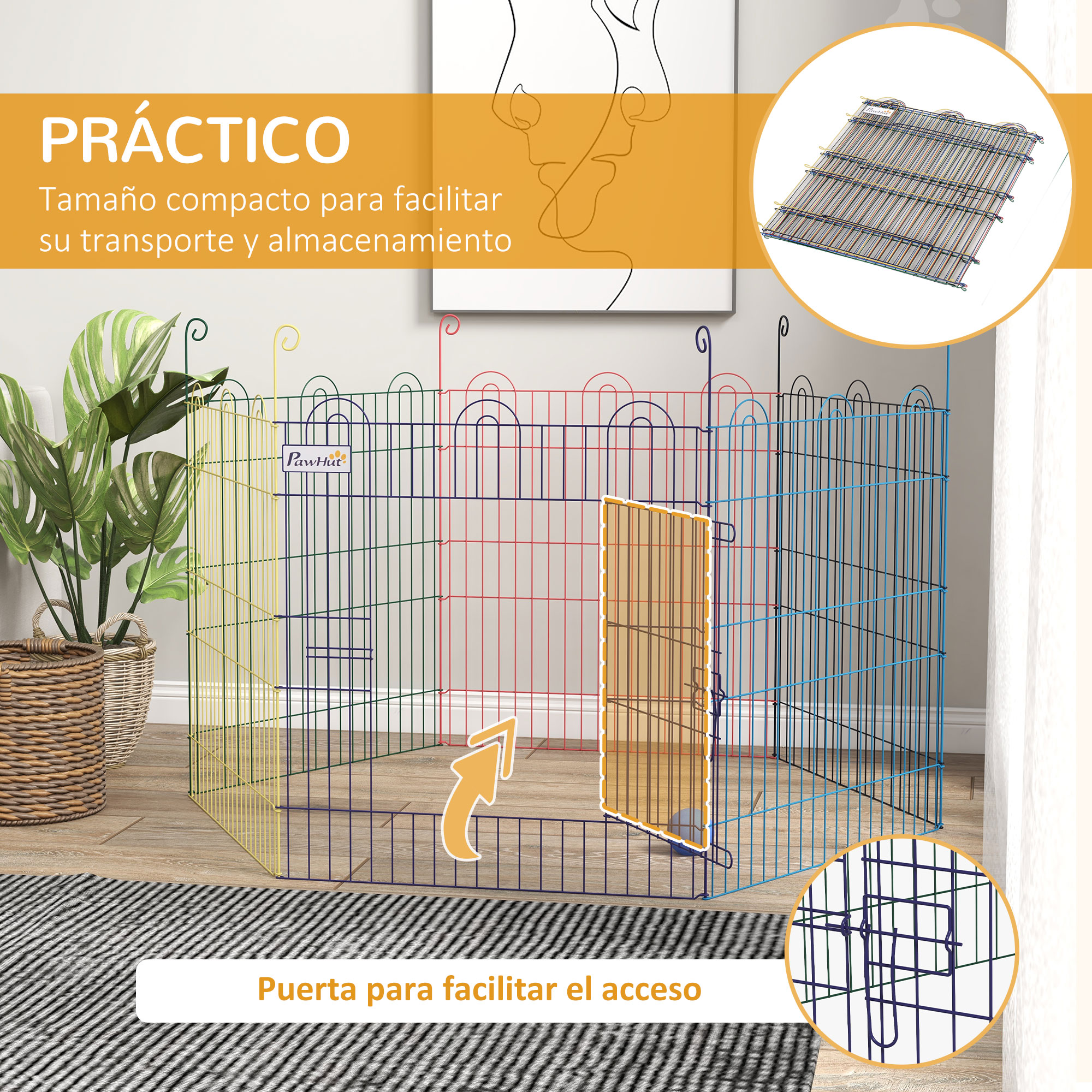 Valla para mascotas multicolor con puerta abierta. Texto: práctico. Fondo: alfombra y planta de interior.