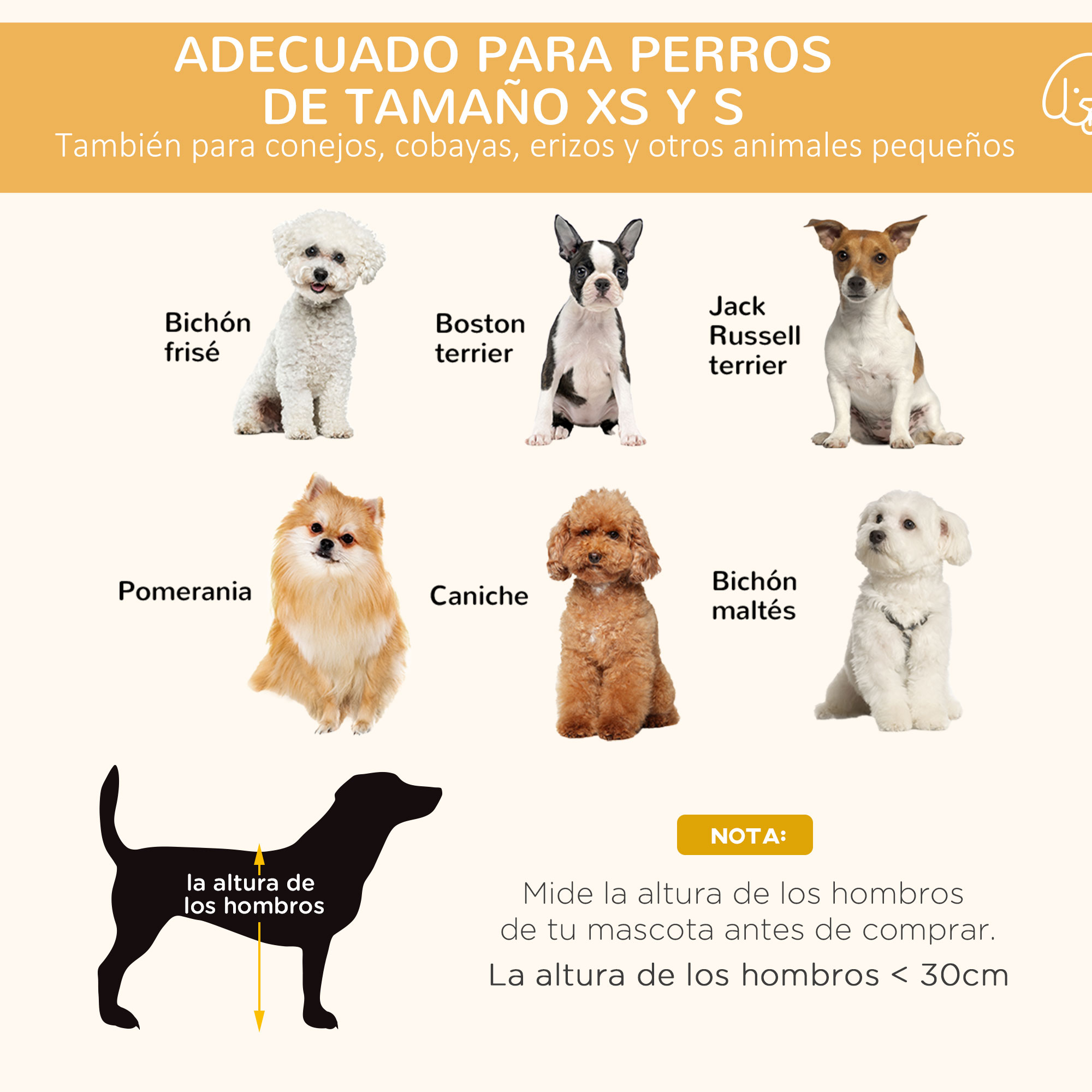 Imagen que enumera razas de perros con el texto: 'Adecuado para perros de tamaño XS y S'. Una silueta muestra la altura del perro.