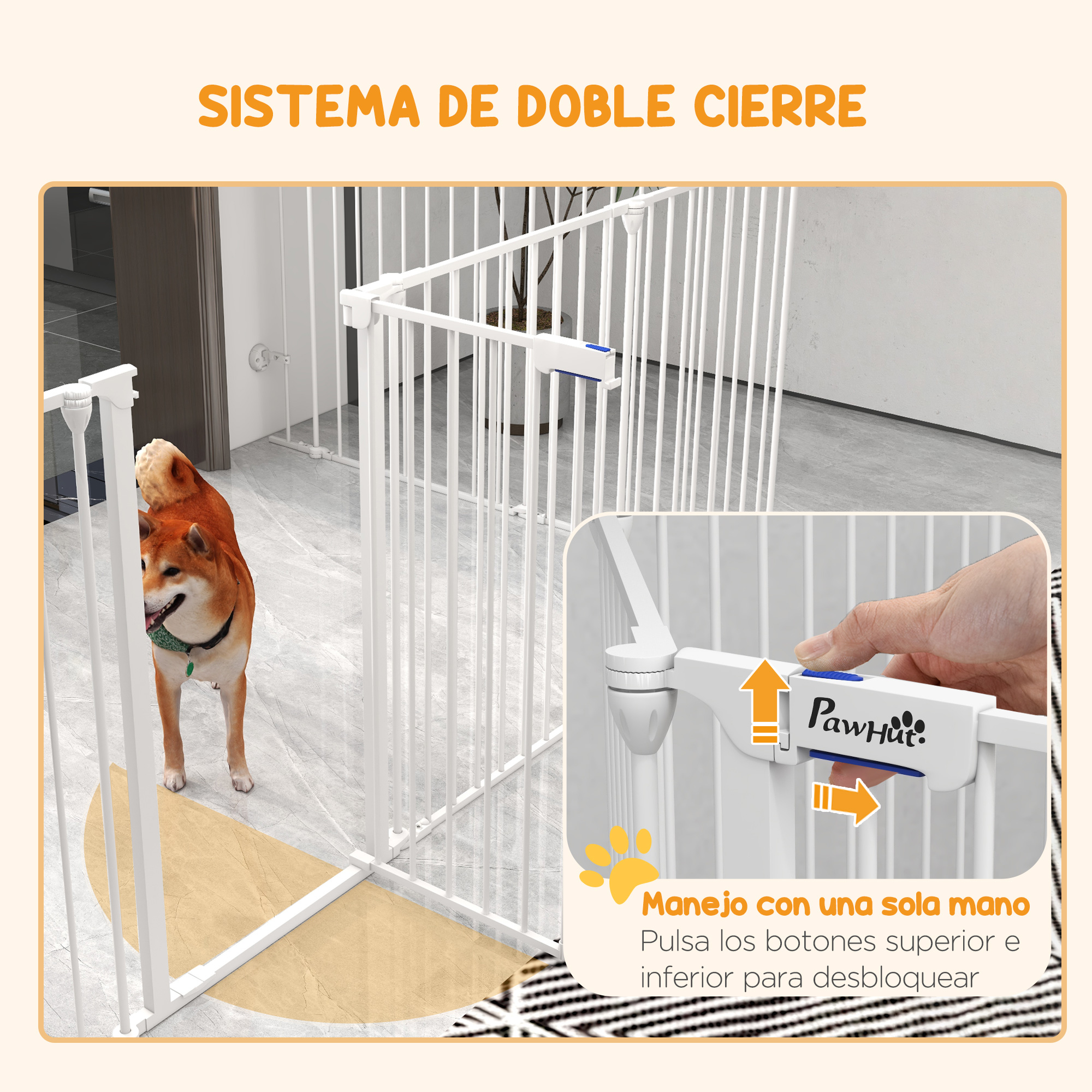 Una puerta para perros blanca con un perro en el fondo y una mano operando el mecanismo de cierre.