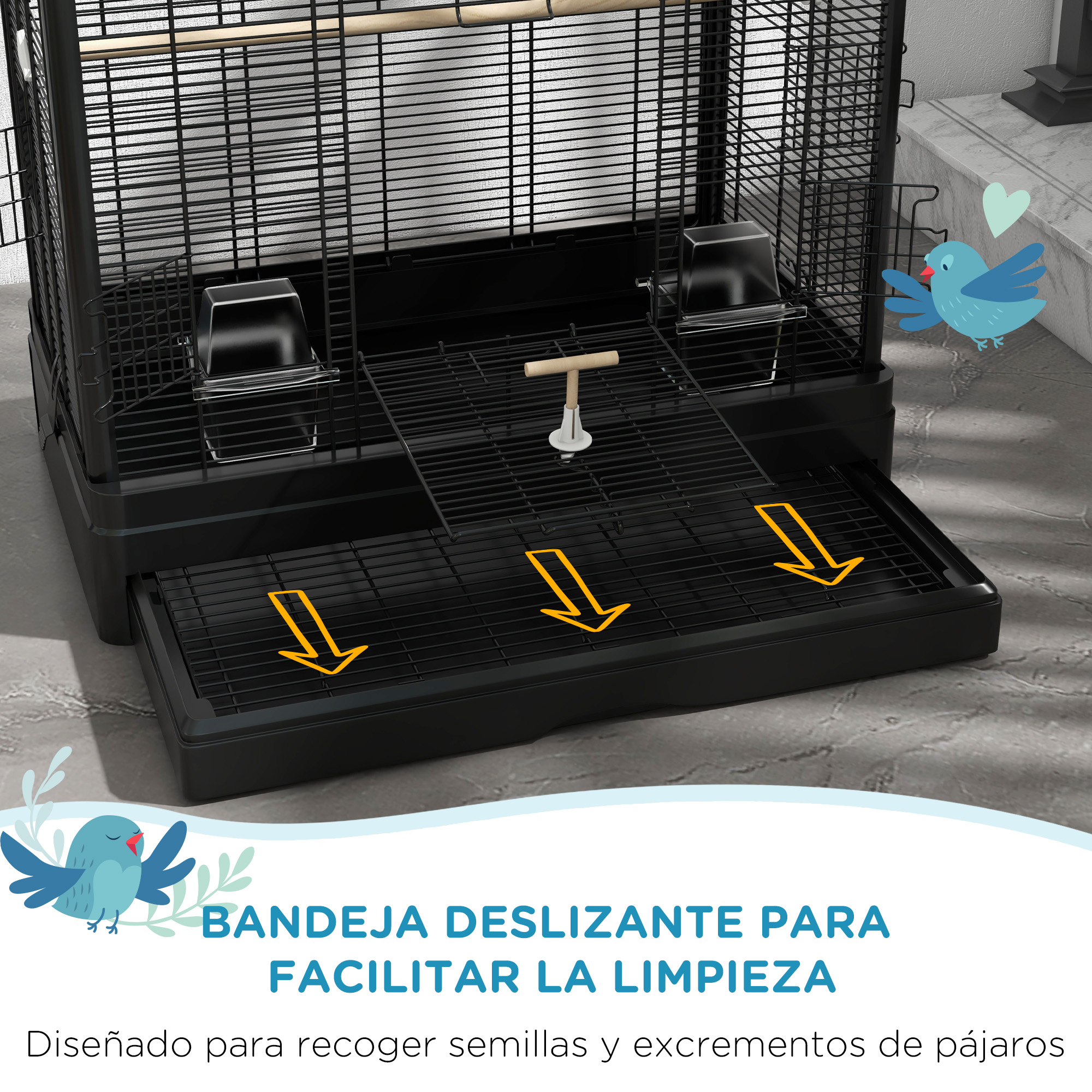 Jaula negra para pájaros con bandeja deslizable. La jaula tiene dos comederos, una percha y flechas.