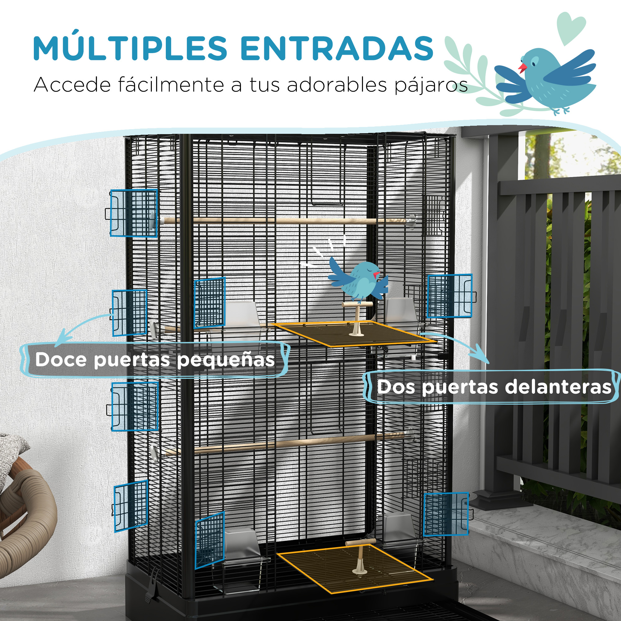 Una jaula negra para pájaros con múltiples puntos de entrada y un pájaro azul.