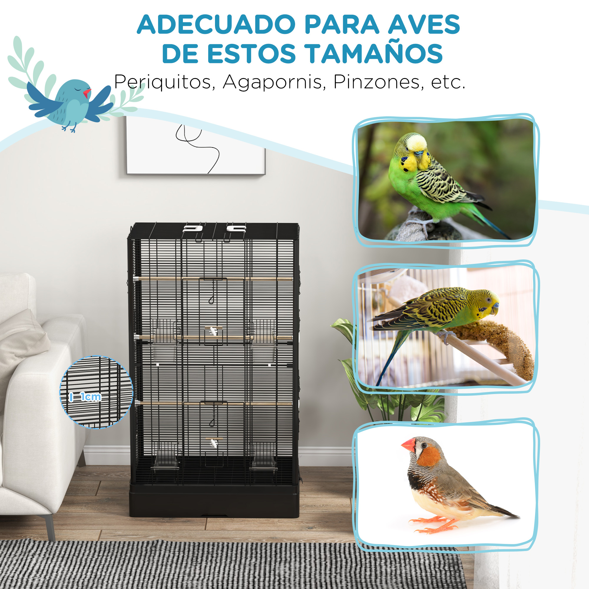 Una jaula negra para pájaros sobre una alfombra, con imágenes de pájaros y texto que describe su tamaño adecuado.