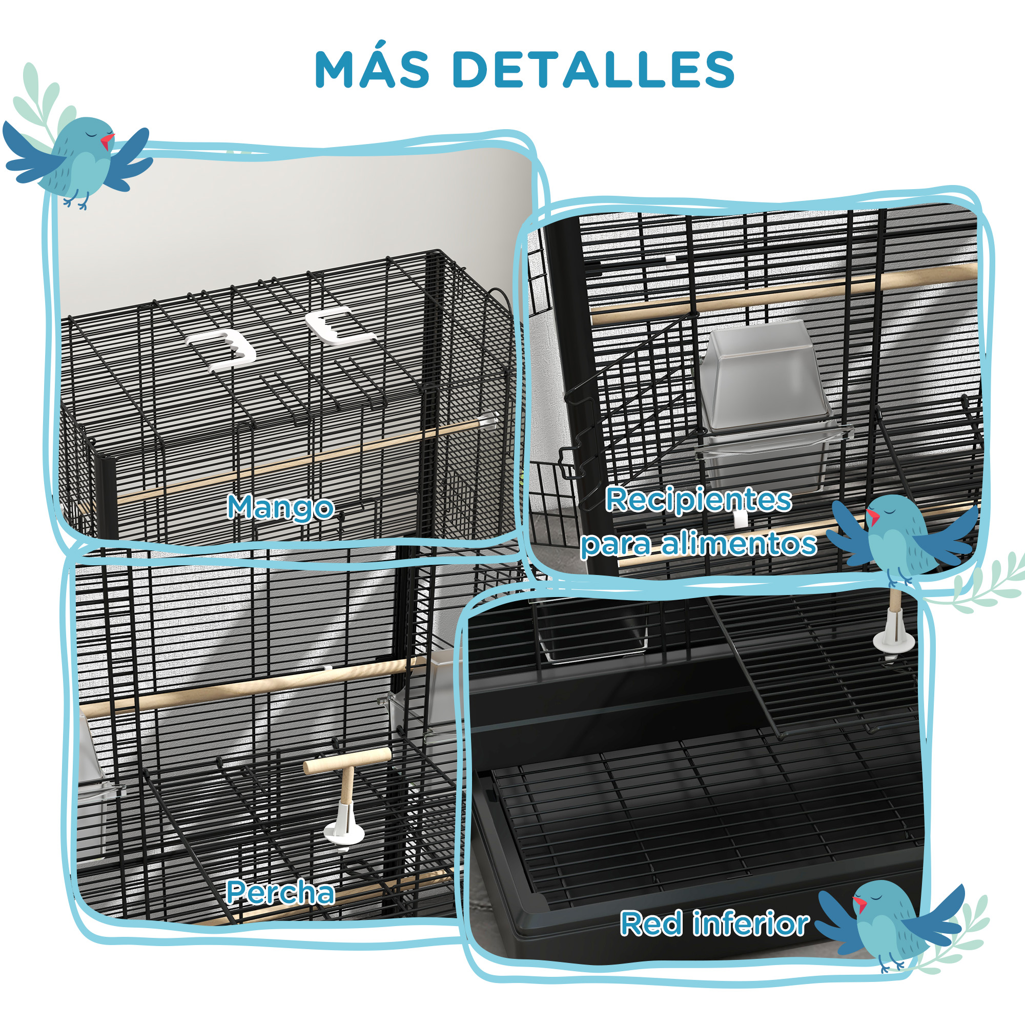 Primer plano de componentes de jaula de pájaros: percha, comederos y red inferior.