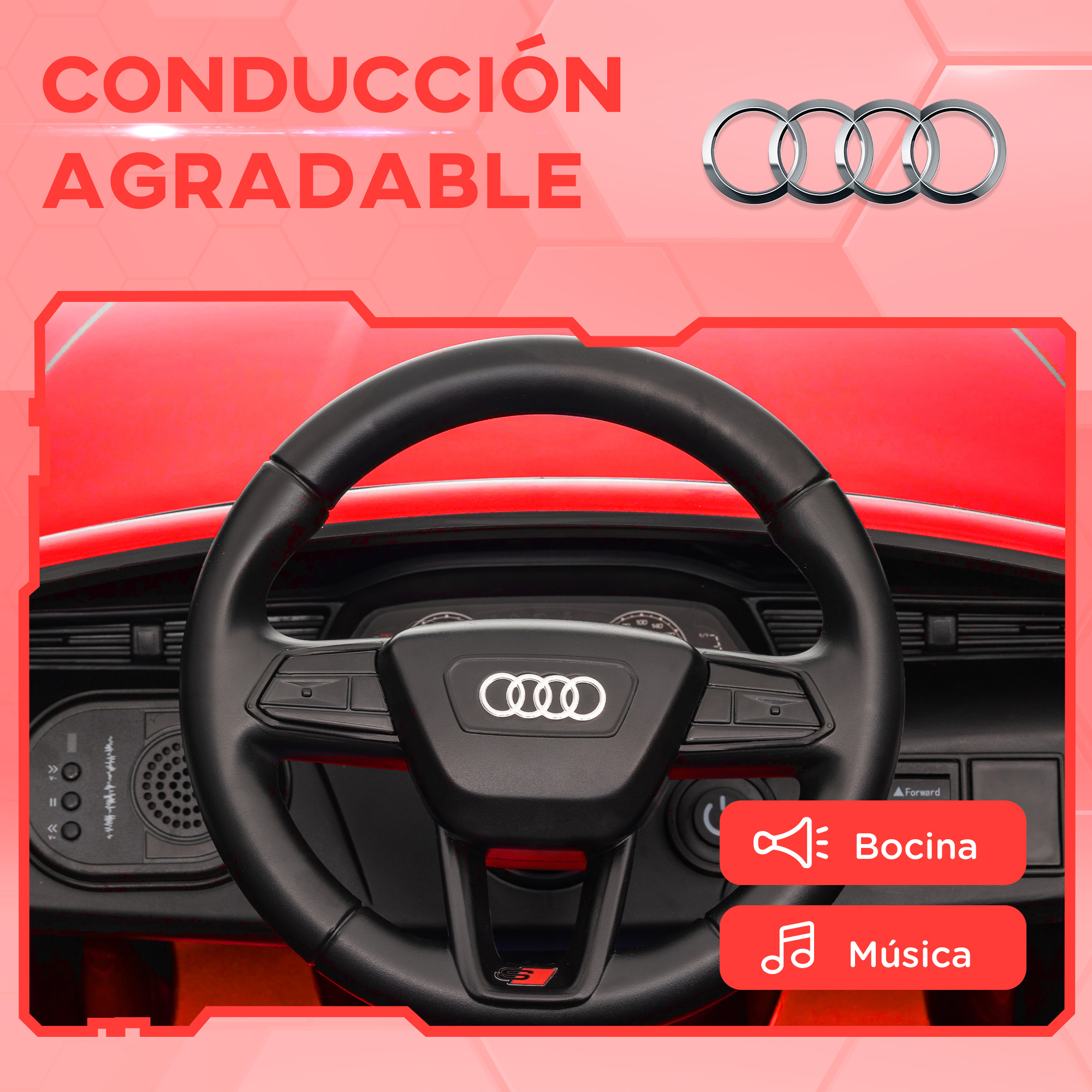 Un volante rojo de coche de juguete con botones y el logo de Audi. El texto dice 'bocina' y 'música'.