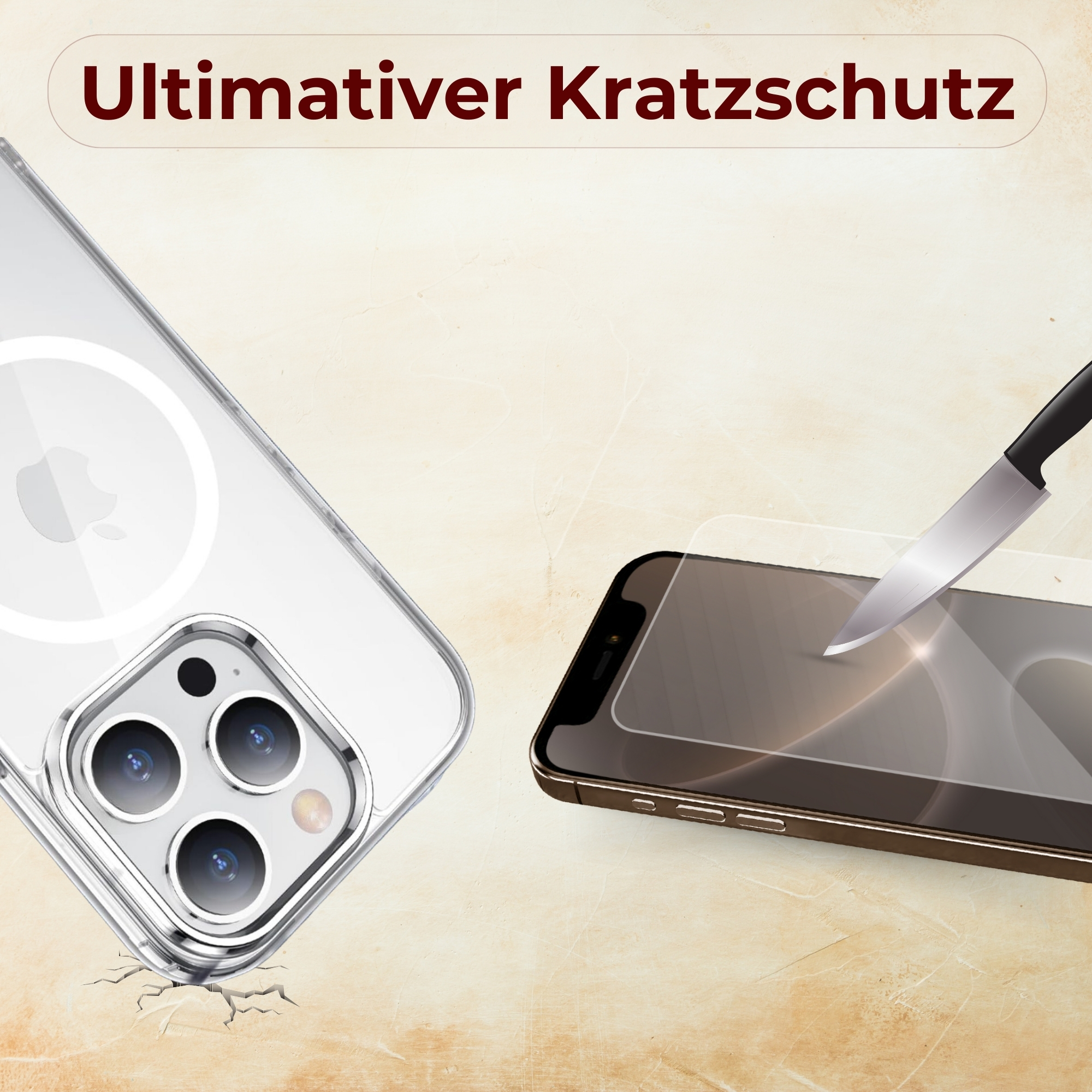 Eine Handyhülle und ein Telefon, mit einem Messer, das den Bildschirm des Telefons zerschneidet.