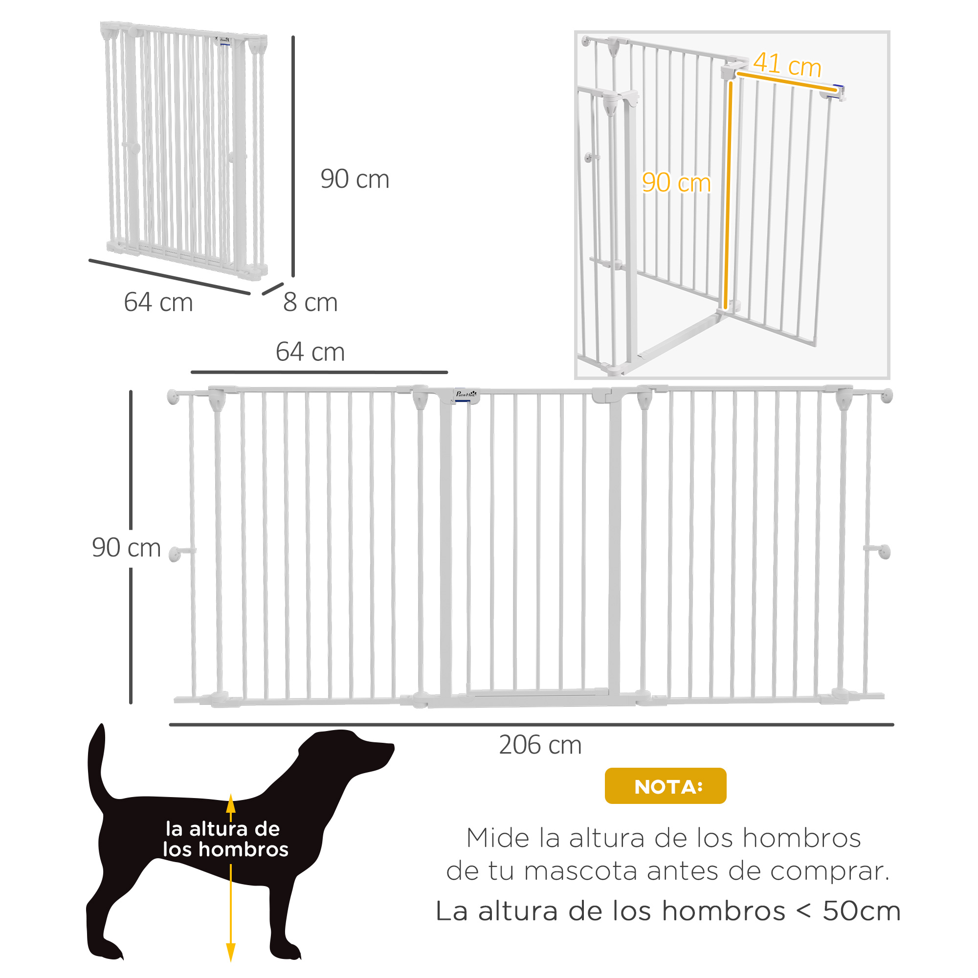 Barrera de seguridad blanca para bebés con detalles de dimensiones. Silueta de perro muestra la altura de la barrera.