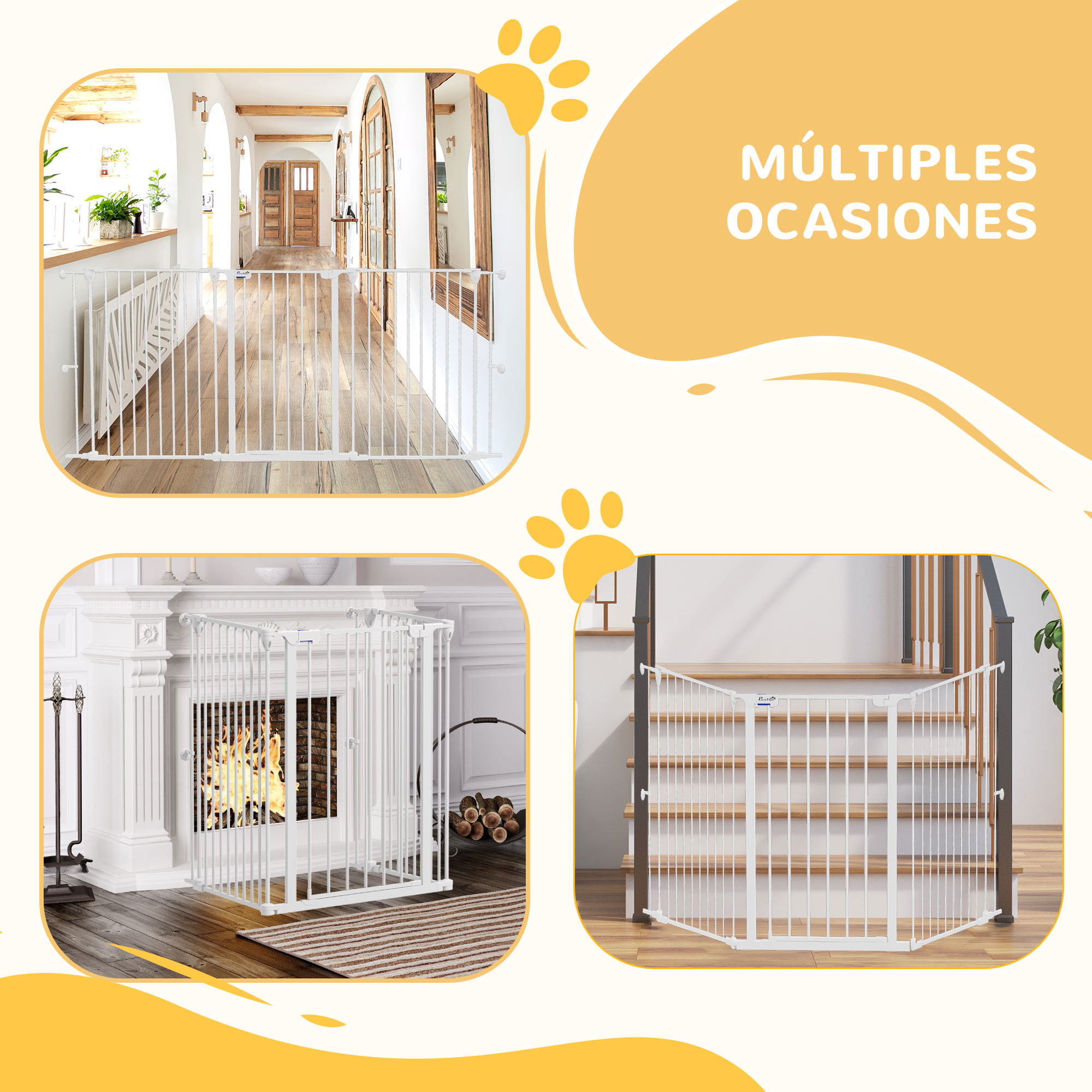 Puertas de seguridad para bebés blancas para diferentes ubicaciones. Una está en un pasillo, otra frente a una chimenea y otra en escaleras.