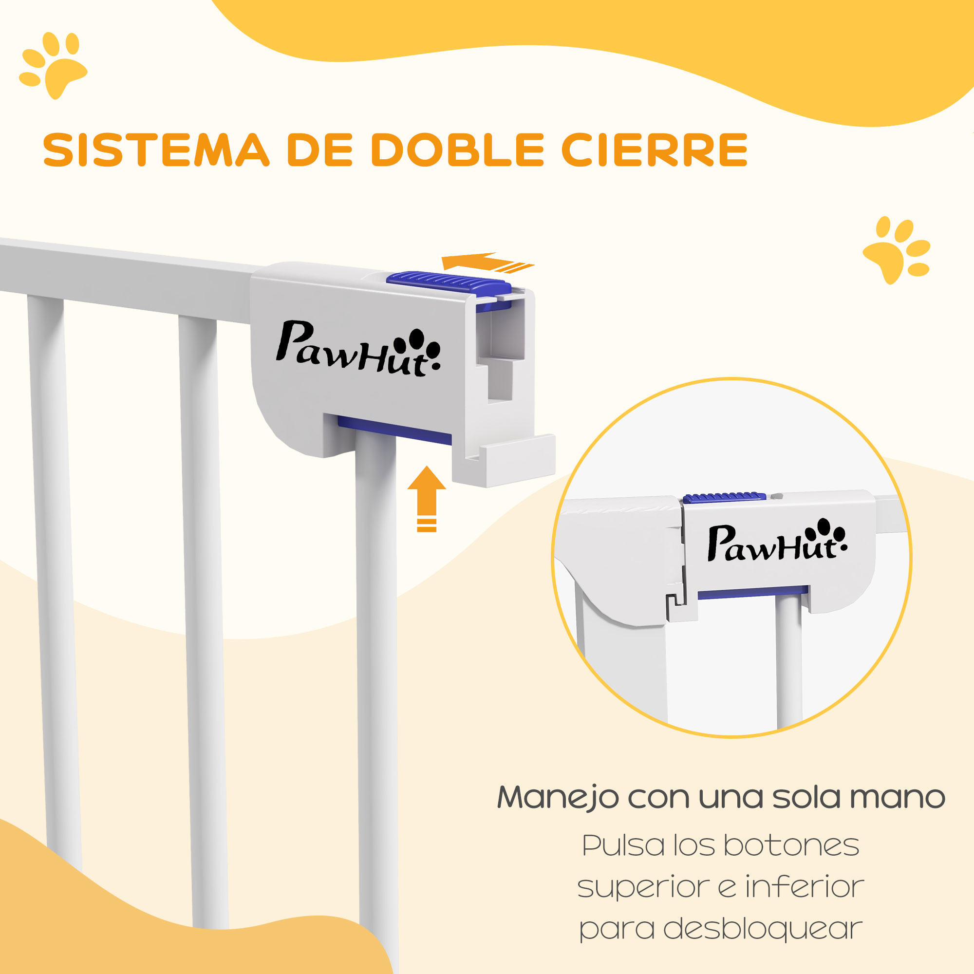 Puerta para mascotas blanca con sistema de doble cierre y asa.