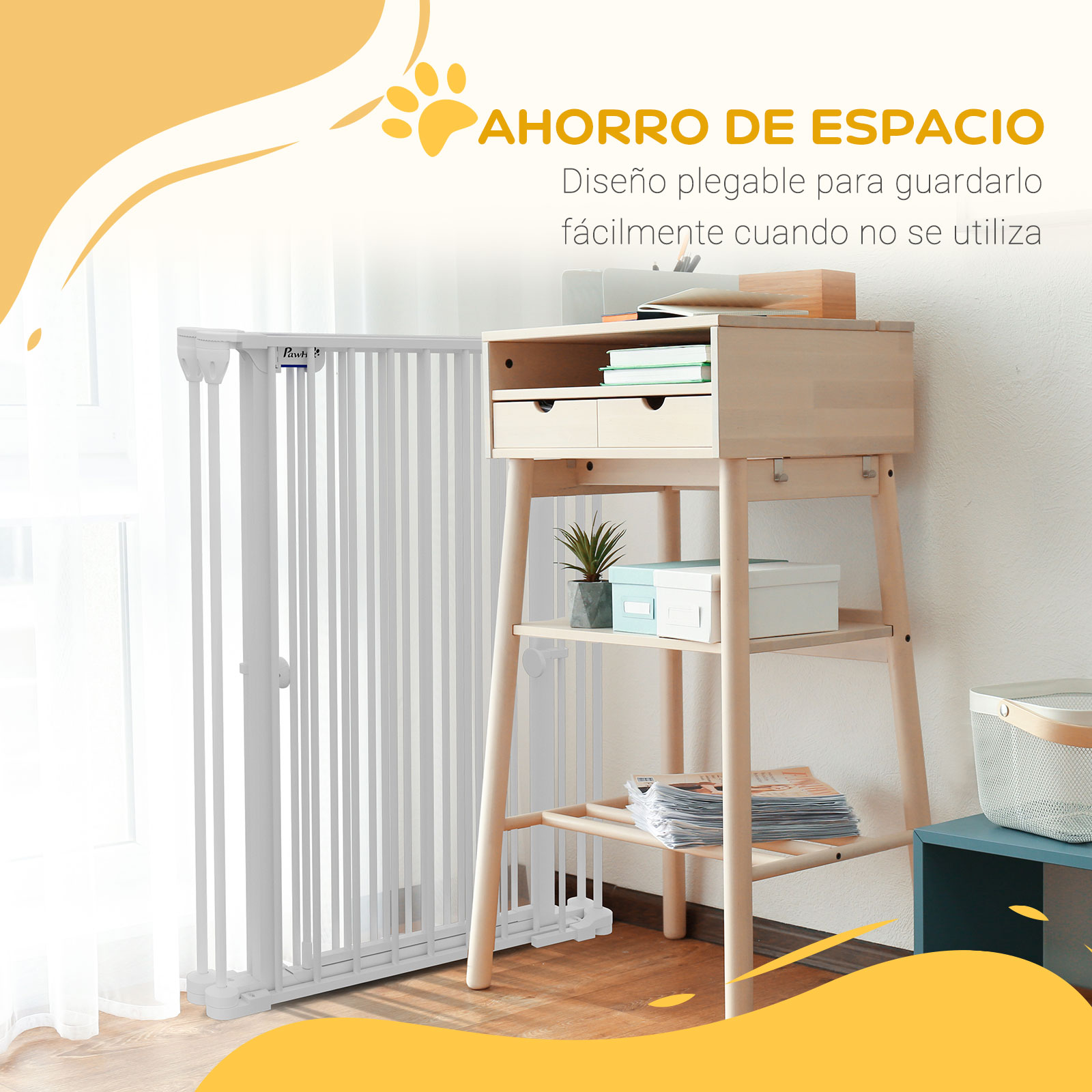 Barrera de seguridad blanca con una mesa auxiliar de madera, una planta y objetos decorativos.