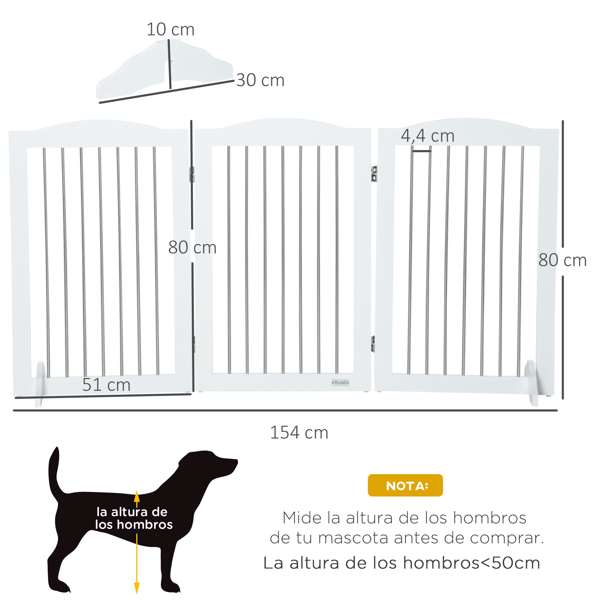 Una puerta blanca para perros con medidas. La puerta tiene tres paneles. Una silueta de perro indica la altura del hombro.