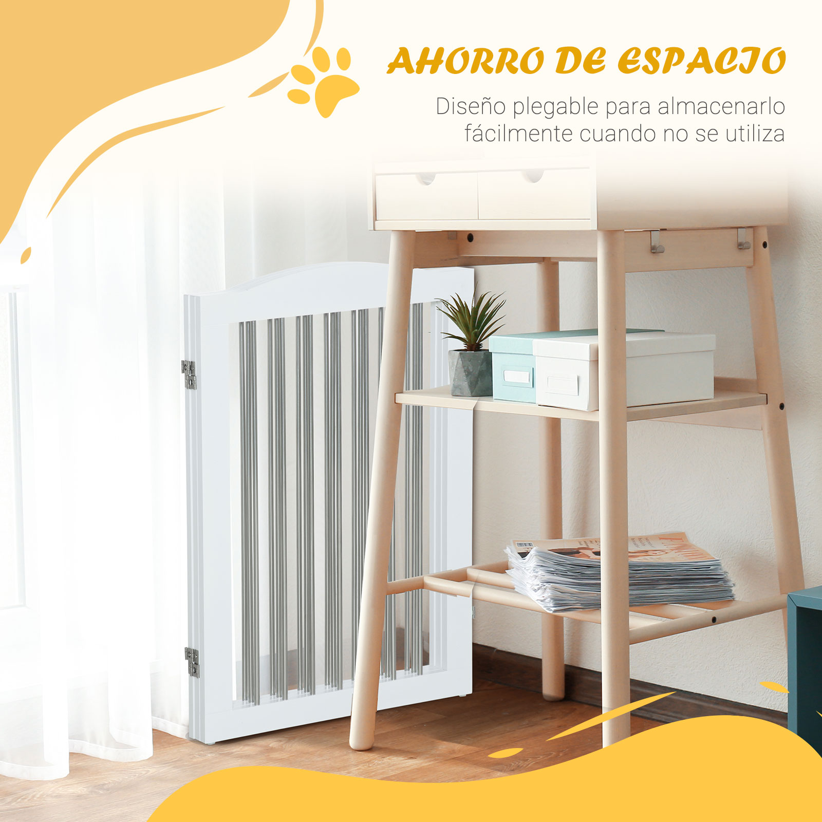 Puerta plegable para mascotas en una habitación con estantería de madera, revistas y cajas. Texto amarillo arriba.